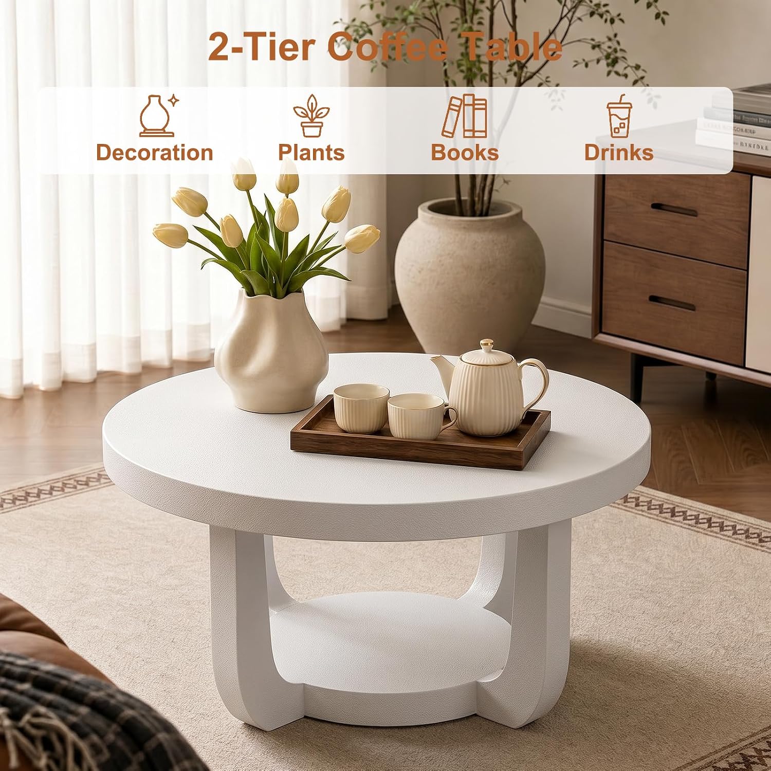 Detalle de BEROXII Round Coffee Table, 2-Tier White Table with Storage