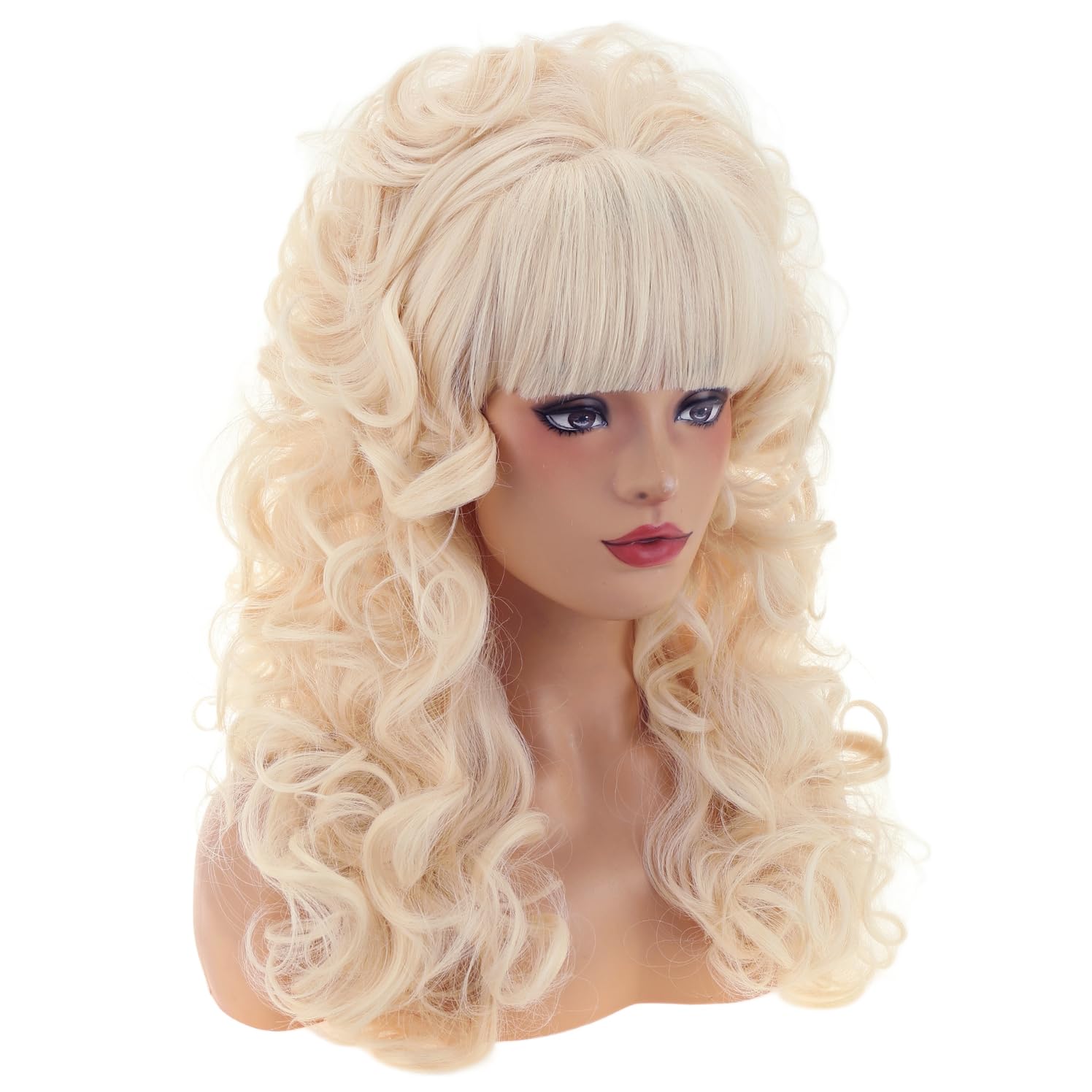 Detalle de MAGQOO 80s Long Curly Blonde Cosplay Wig with Bangs, Heat-Resistant Fiber