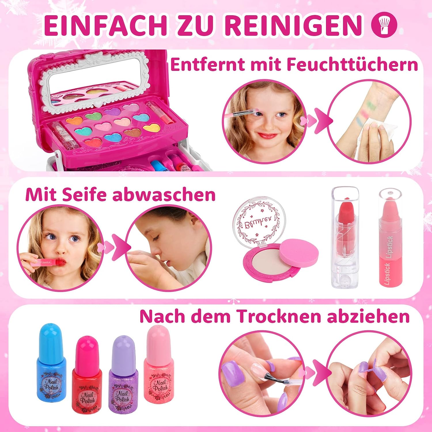 Detalle de Kinderschminke Makeup Set Schminkkoffer für Mädchen – waschbar, abwaschbar & mit 55 Zubehörteilen