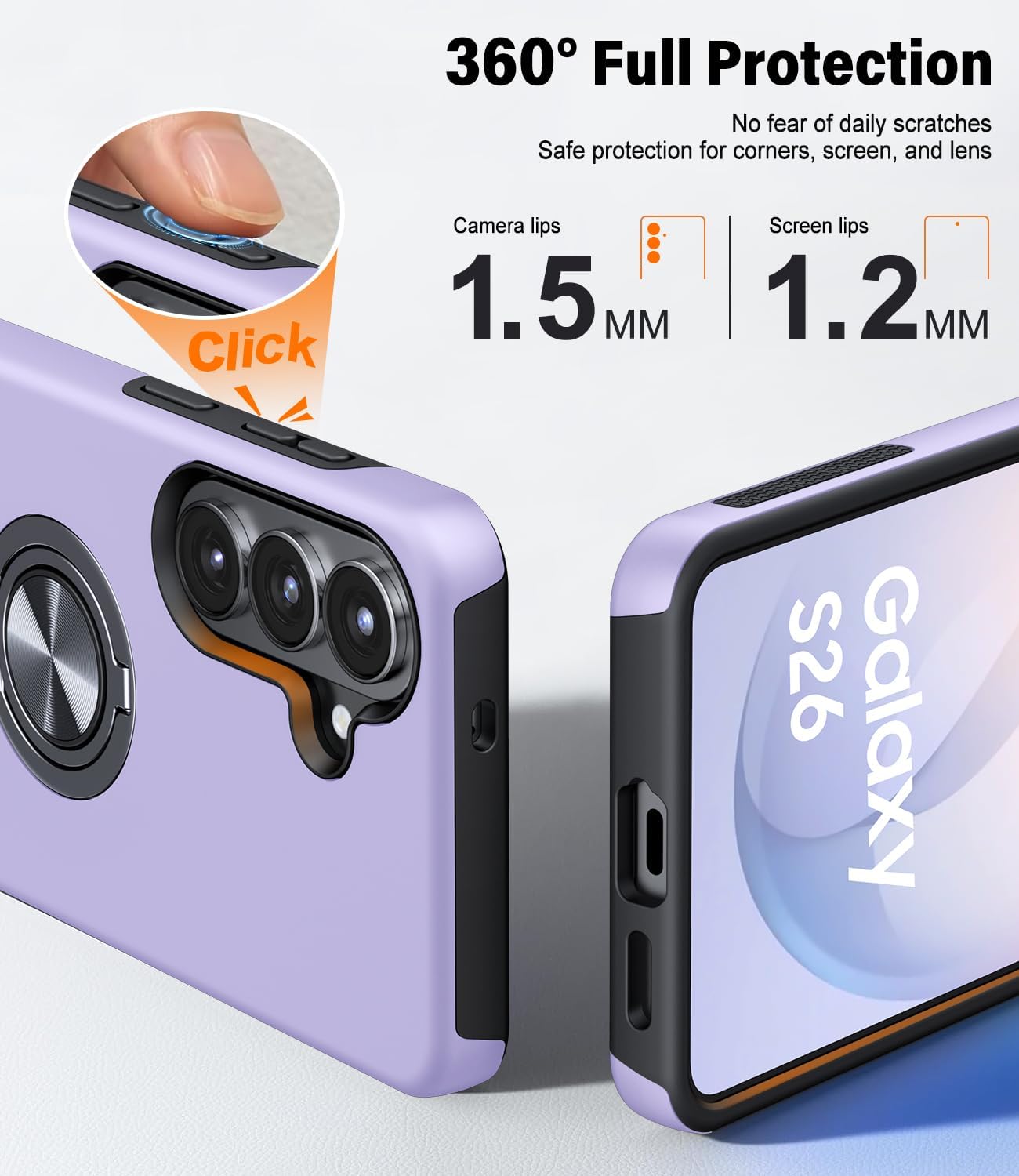 Detalle 2 de AOUIA Samsung Galaxy S26 Case with 2-Pack Screen Protectors — 3-in-1 Set with 360° Ring Stand
