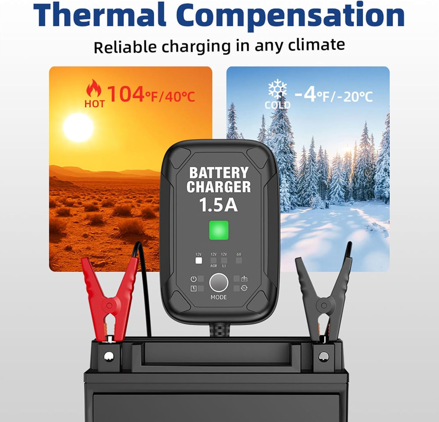 Thumbnail 5 de 1.5A 6V/12V Car Battery Charger (Automatic Trickle Charger) — Battery Maintainer with Temperature Compensation & Overcharge Protection