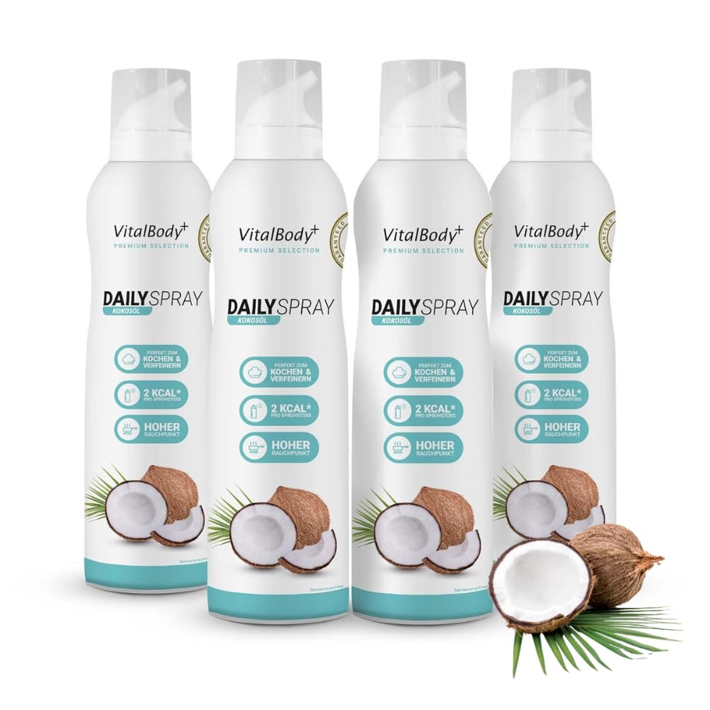 Detalle de VitalBody+ DailySpray MCT Kokosöl – Kalorienarmes Ölspray (4er Pack, 3200 Portionen) für Airfryer, Braten & Grillen