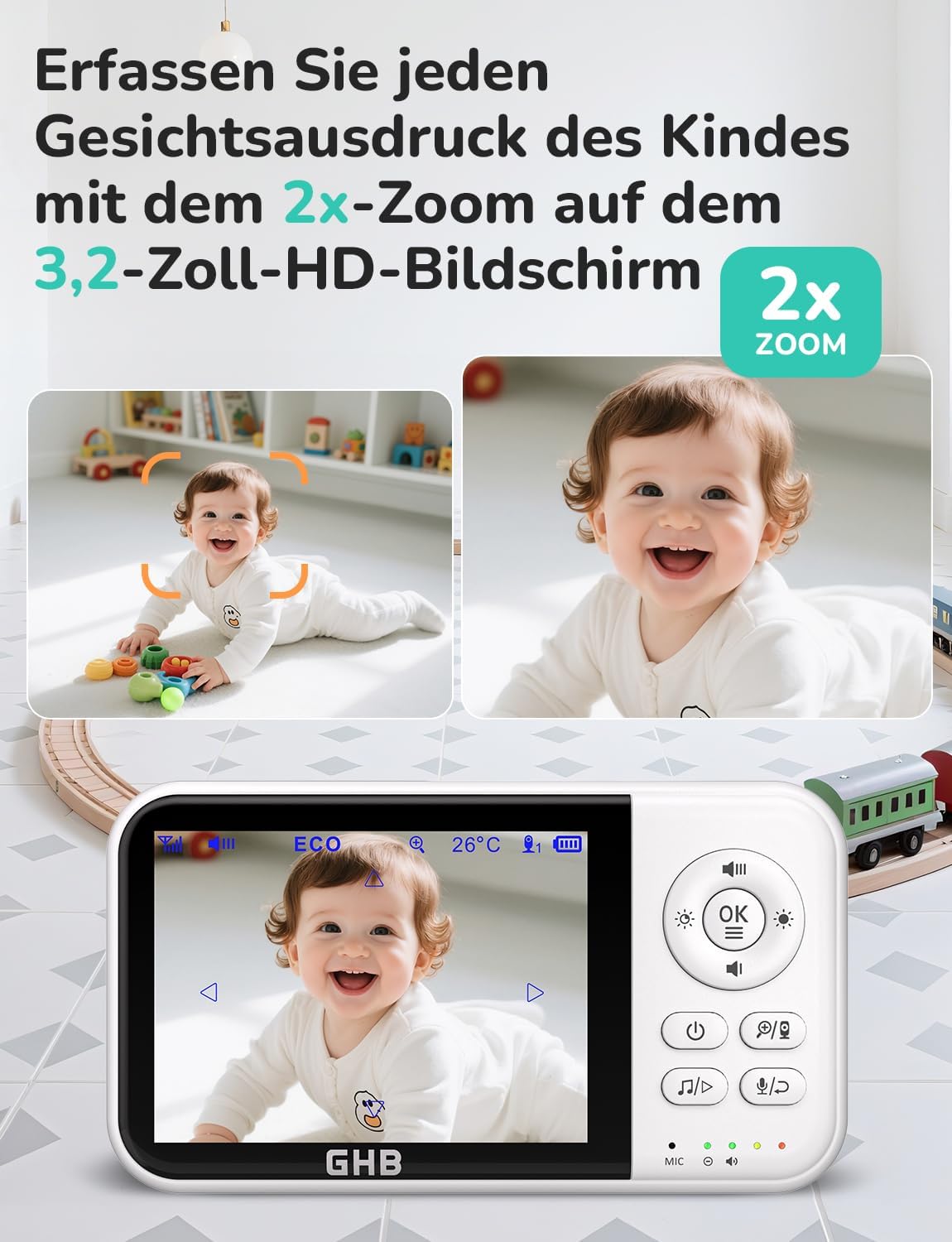 Thumbnail 4 de GHB Babyphone mit Kamera 3,2 Zoll Weiß – kabelloser Monitor ohne WLAN