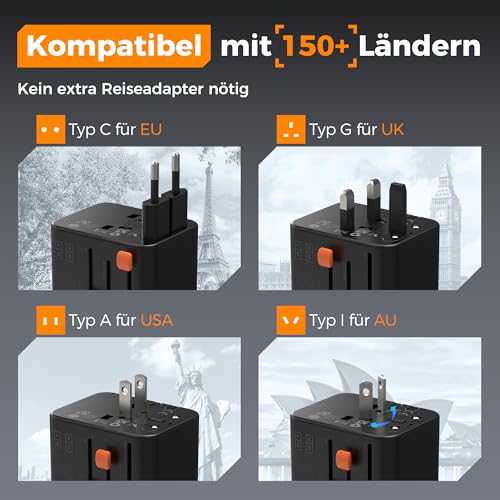 Detalle de TESSAN Reiseadapter Weltweit mit 2 USB-A und 2 USB-C - Schwarz