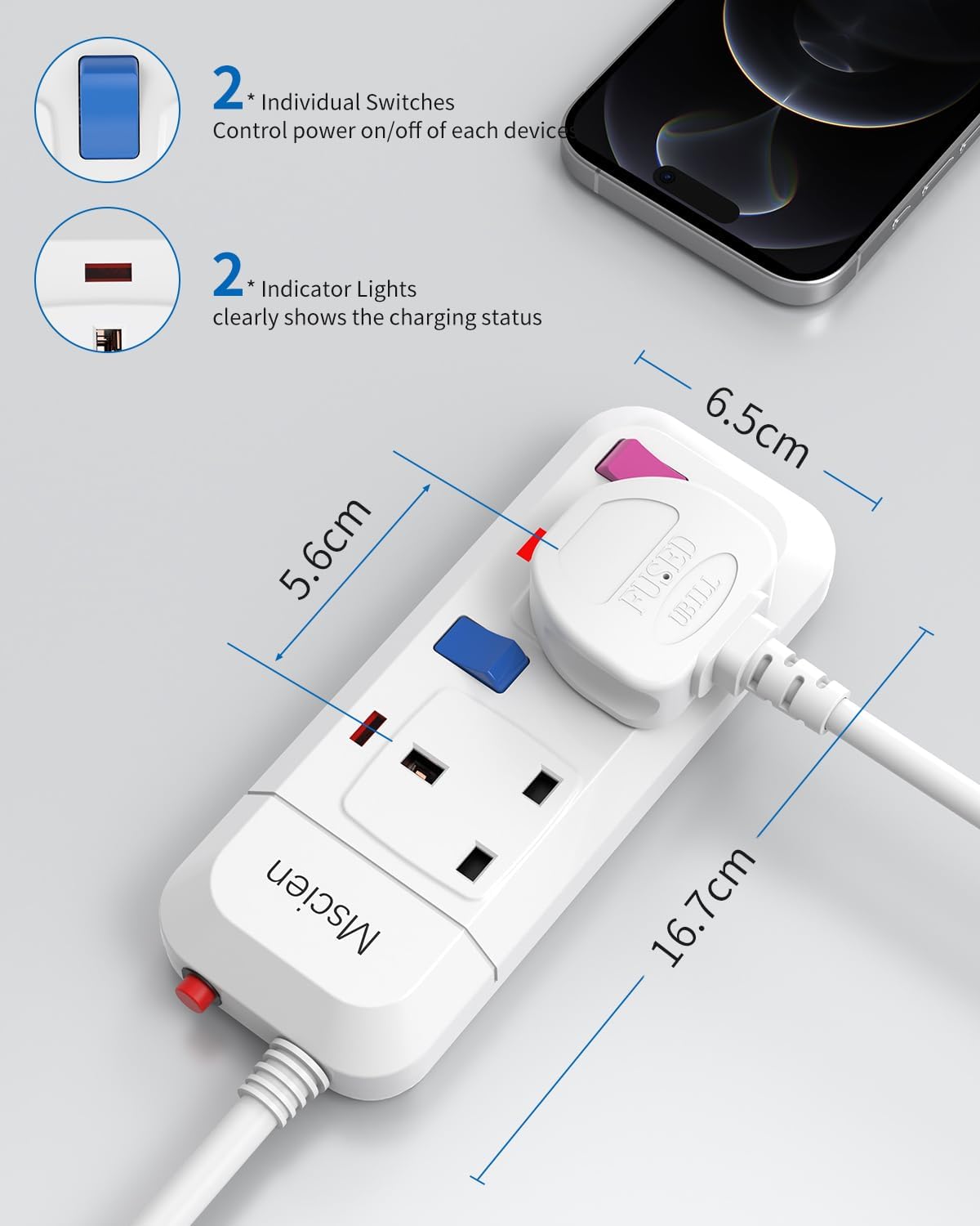 Detalle 2 de Mscien 2-way extension lead with 1.5m cable ๐