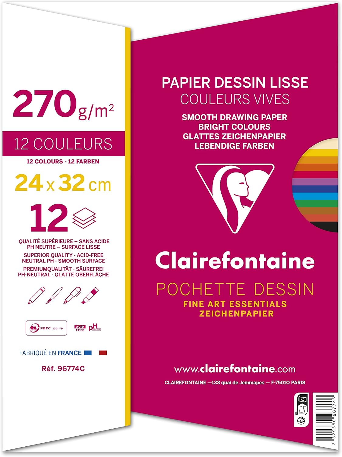 Detalle 2 de Clairefontaine 96774C Pochette Dessin Scolaire – 12 feuilles papier dessin couleur, 24x32 cm, 270 g