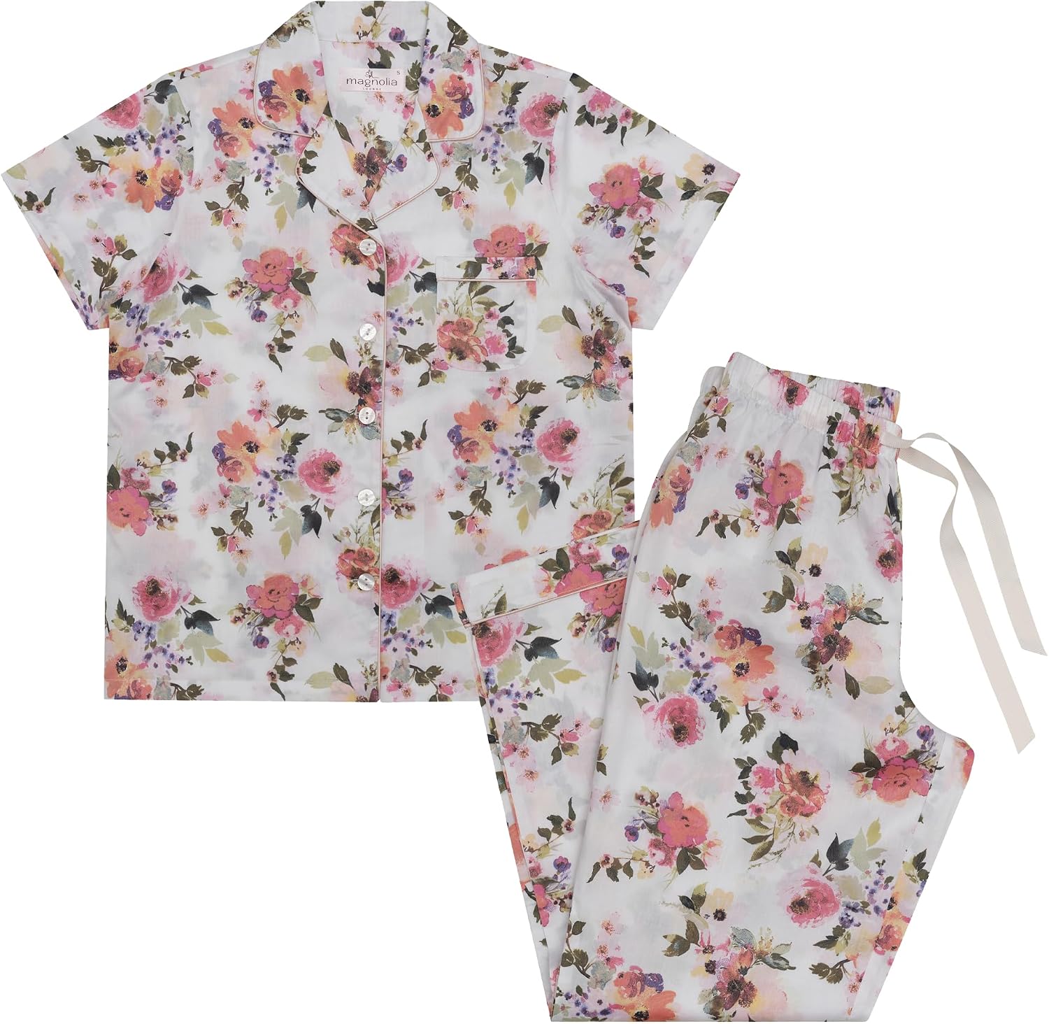 Detalle de Magnolia Lounge Pyjama Damen – Schlafanzug Lang mit Kurzarm-Top & Langer Hose aus 100% Baumwolle-Satin