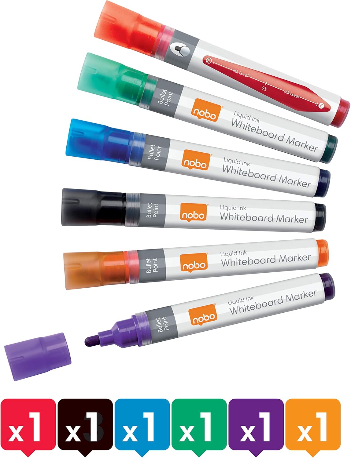 Thumbnail 5 de Nobo Liquid Ink Drywipe Whiteboard Pens, 3 mm Bullet Tip – Pack of 6, Coloured