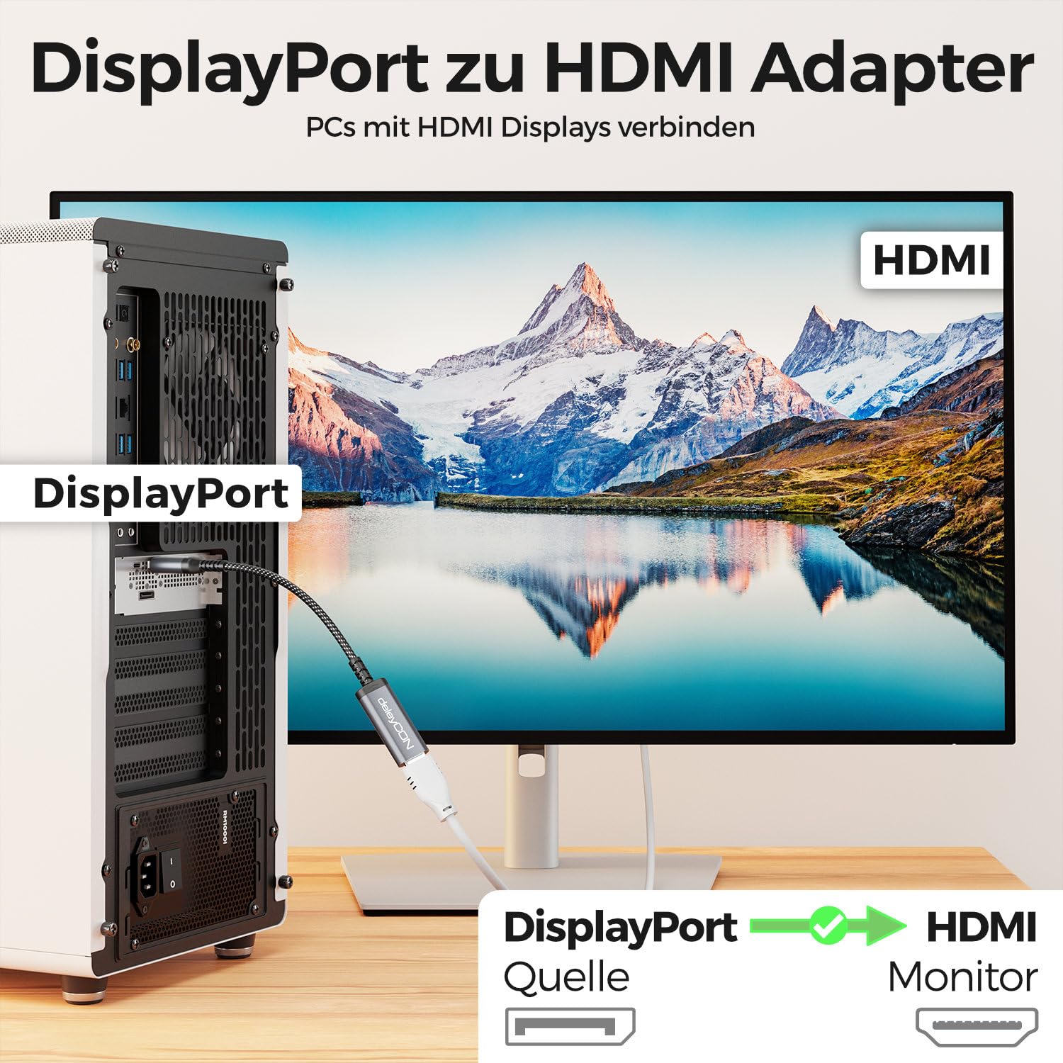 Thumbnail 2 de deleyCON 4K DisplayPort zu HDMI Adapter – uni‑direktional, DP 1.2/1.4 auf HDMI 2.0