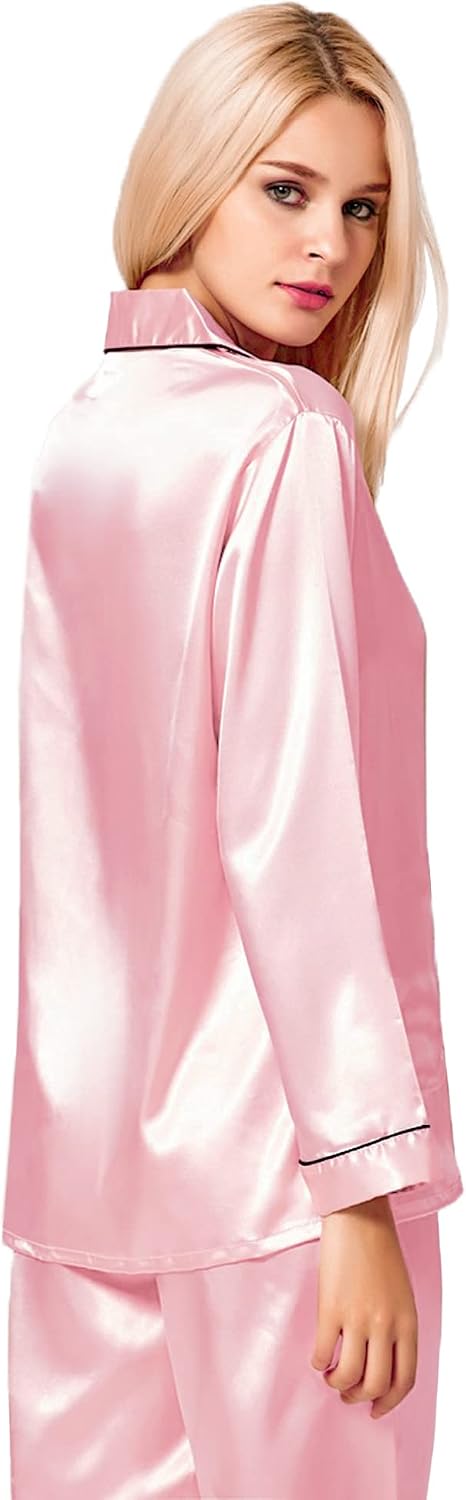 Detalle de SWOMOG Women's Silk Satin Long Sleeve Two-Piece Pyjama Set