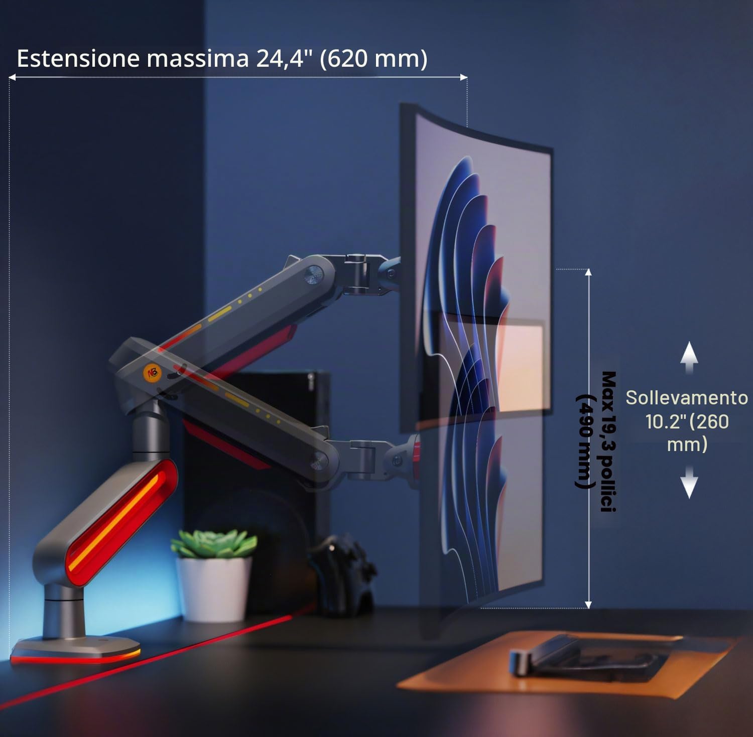 Detalle de NB Ergonomic RGB Supporto per monitor 32–60 pollici, braccio fino a 20 kg, VESA 75/100, rosso