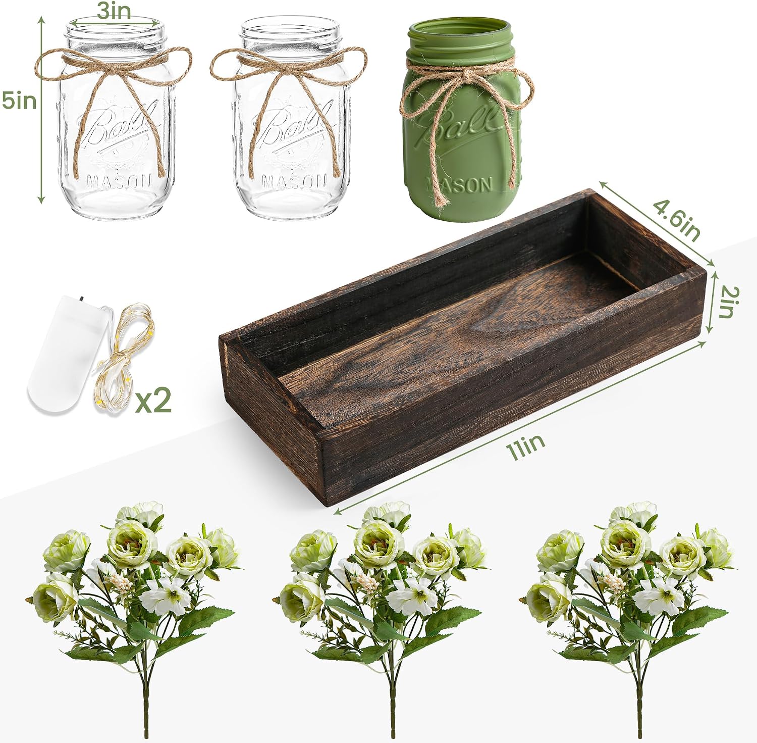 Detalle de DUOER MSG-L Rustic Farmhouse Centerpiece with Wood Tray, Mason Jars & LED Light