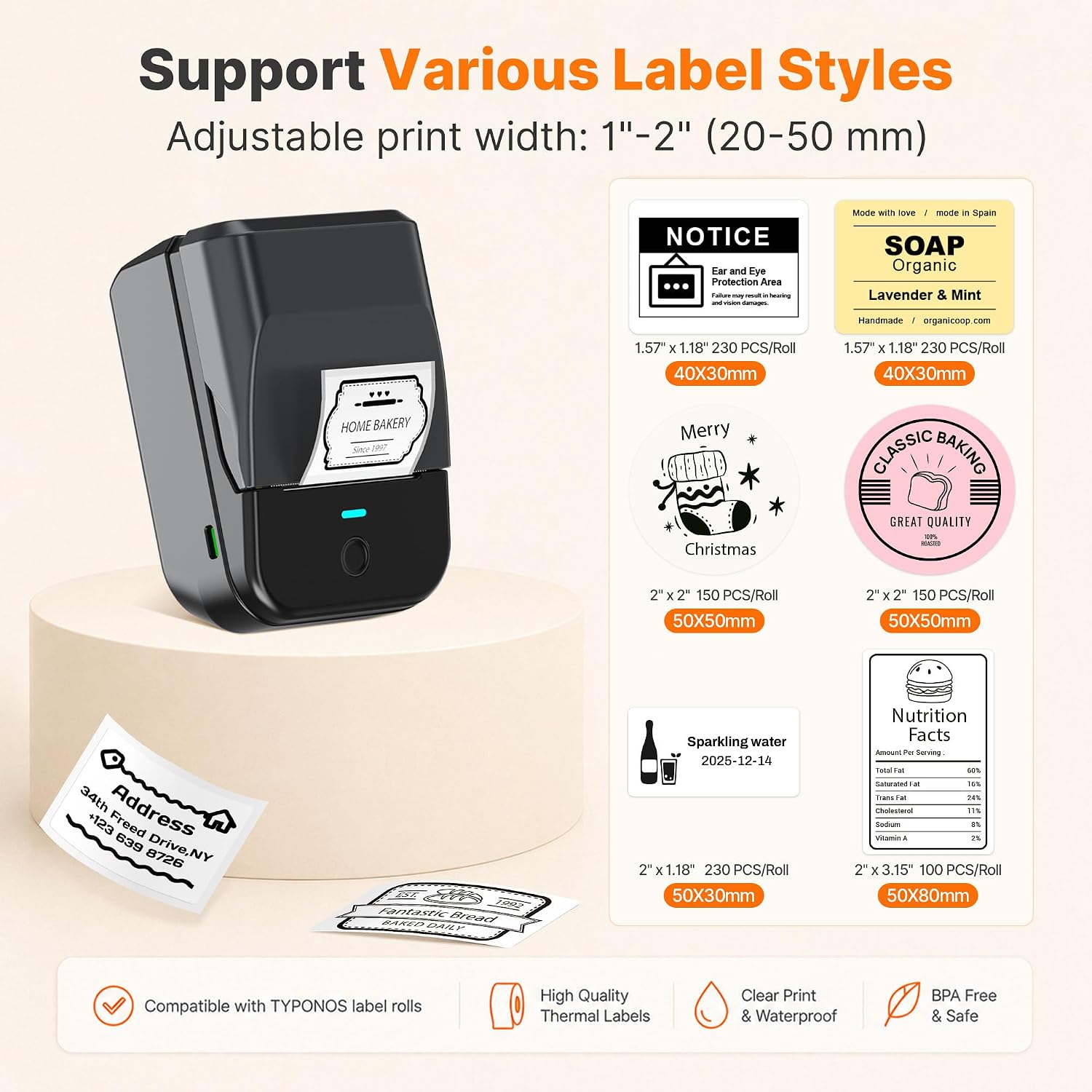 Detalle 2 de TYPONOS PM240 Bluetooth Thermal Label Maker, 203 DPI, 3 Label Rolls