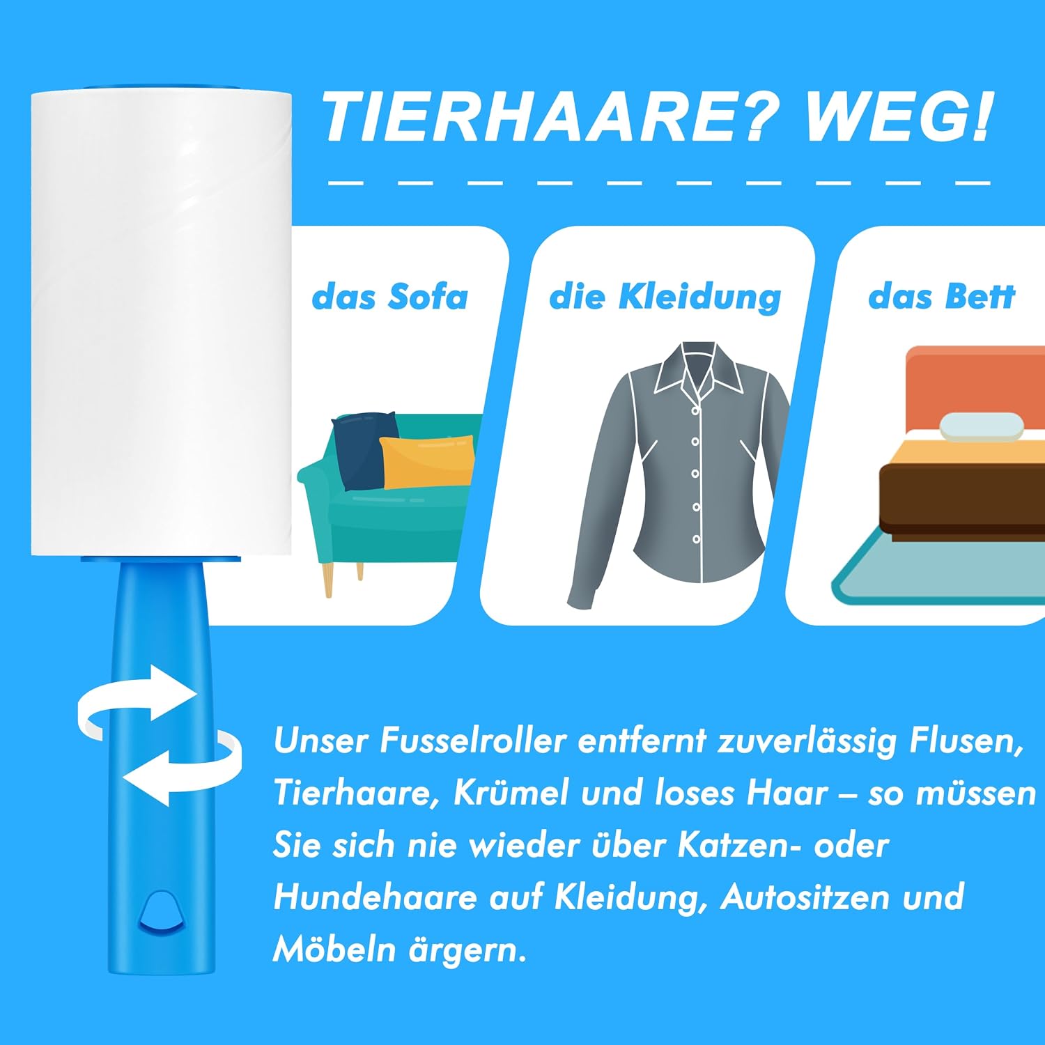 Detalle de Fusselrolle für Tierhaare „Ultra Klebrig“ – 2 Griffe + 4 Rollen (400 Züge) zum Entfernen von Katzen- und Hundehaaren