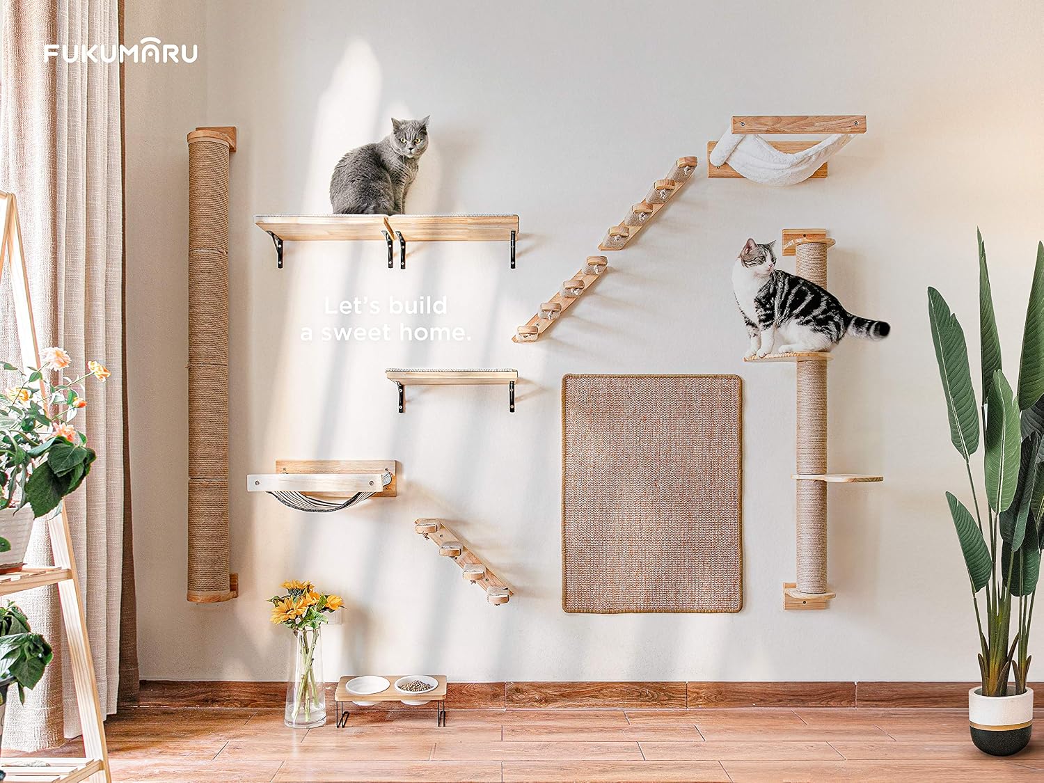 Detalle 2 de FUKUMARU wall-mounted cat climbing shelf, four-step stairway with jute scratching (40 x 22 cm, left to right)