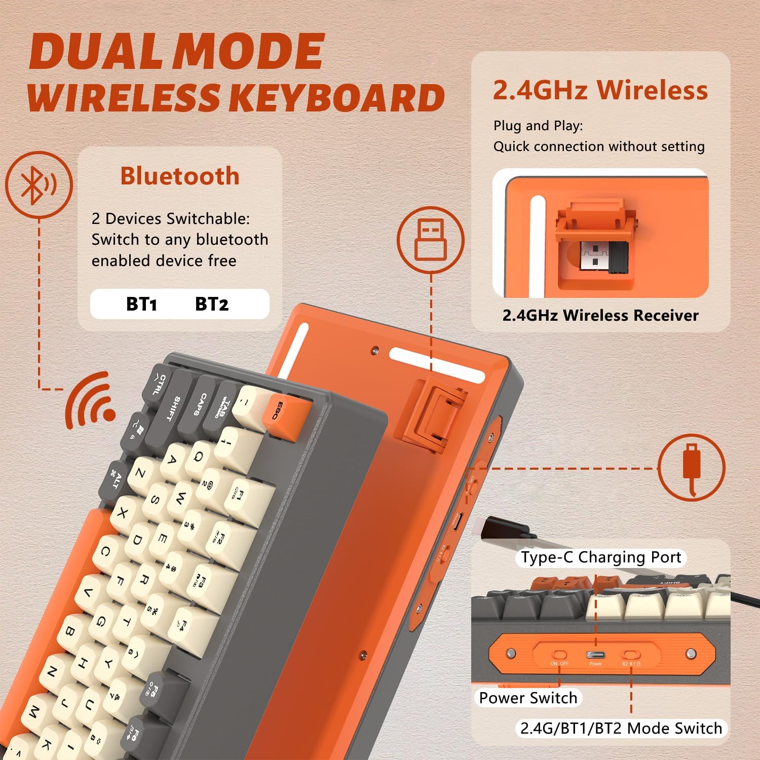 Detalle 2 de ATTACK SHARK X FREEWOLF M87 tastiera wireless 80% QWERTY PBT doppia connettività Bluetooth/2.4Ghz RGB SA Grigio/Arancio