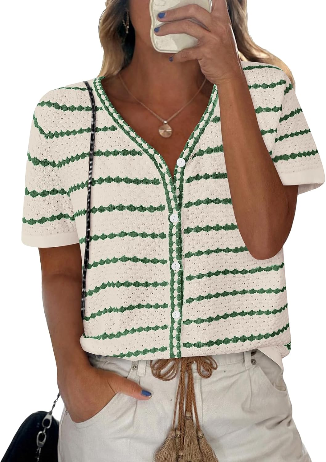 Detalle de NALANISA Women’s Short Sleeve Crochet Knit Sweater Top (V-Neck, Striped, Button-Down)