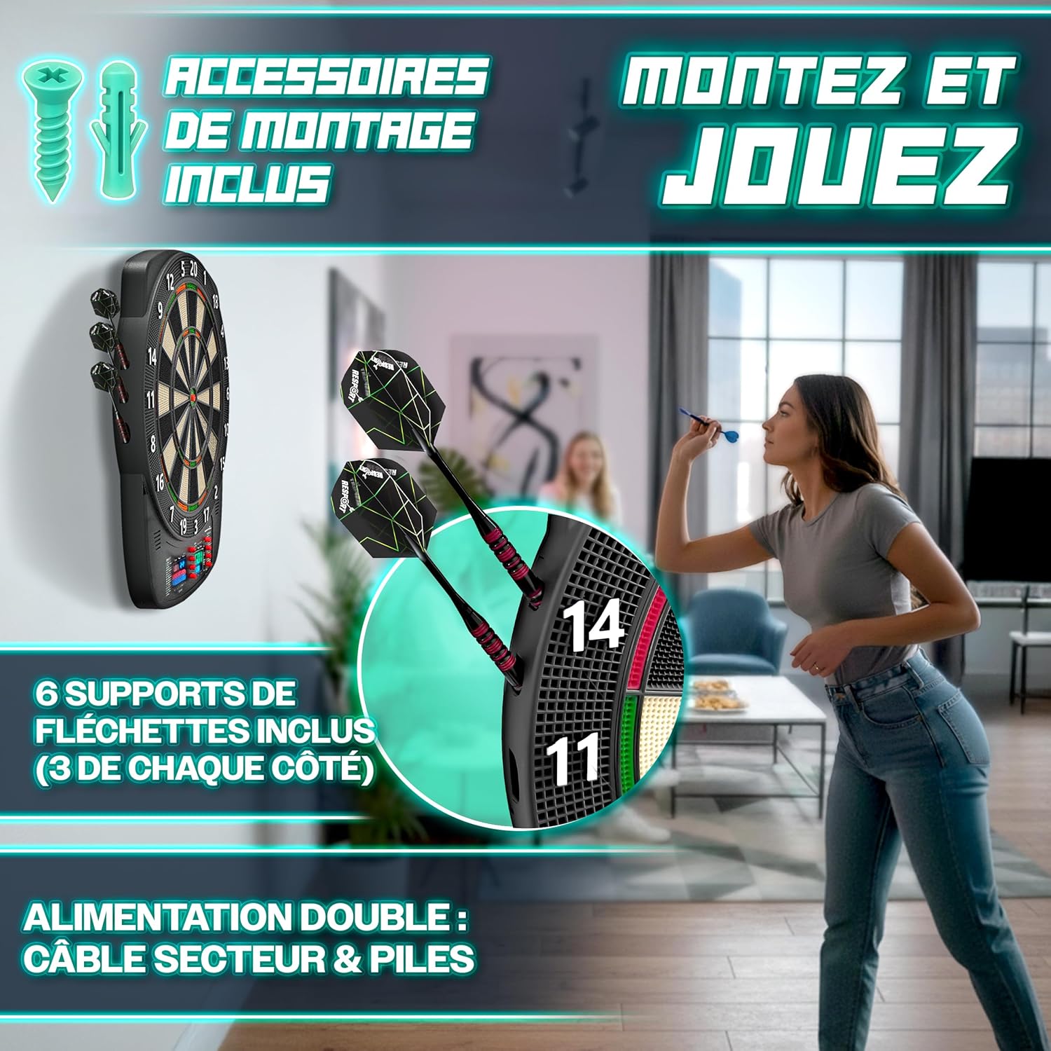 Thumbnail 6 de RE:SPORT Cible de fléchettes électronique professionnelle avec 12 flèches et accessoires — 1 à 8 joueurs, 427 variantes