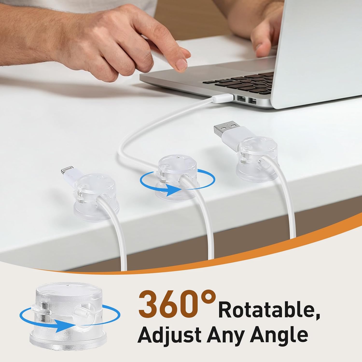 Detalle de AGPTEK 8 clips câble magnétiques transparents avec base rotative 360°