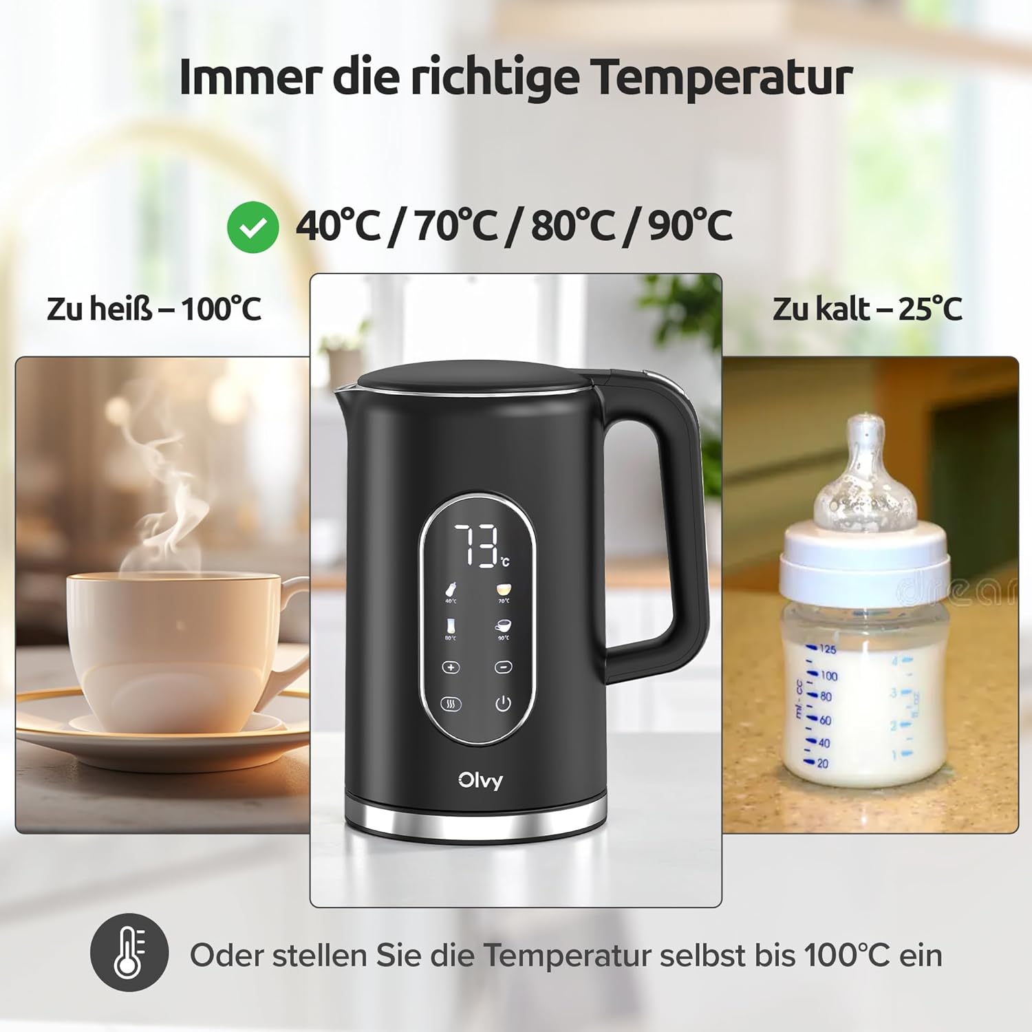 Thumbnail 6 de Olvy Elektrischer Wasserkocher 1,7 l mit Temperaturregelung, Warmhaltefunktion und Doppelwand-Edelstahl (schwarz)