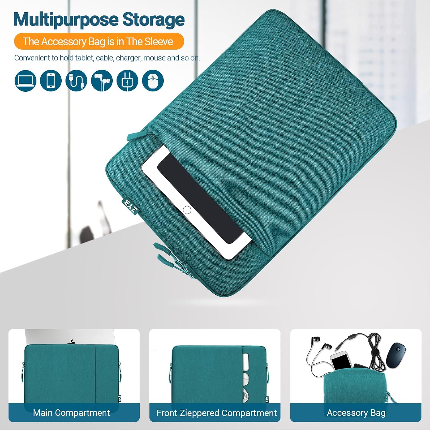 Detalle 1 de ZYB 15.6 inch Laptop Sleeve Protective Case with Accessory Bag (Teal) – waterproof, shockproof protection
