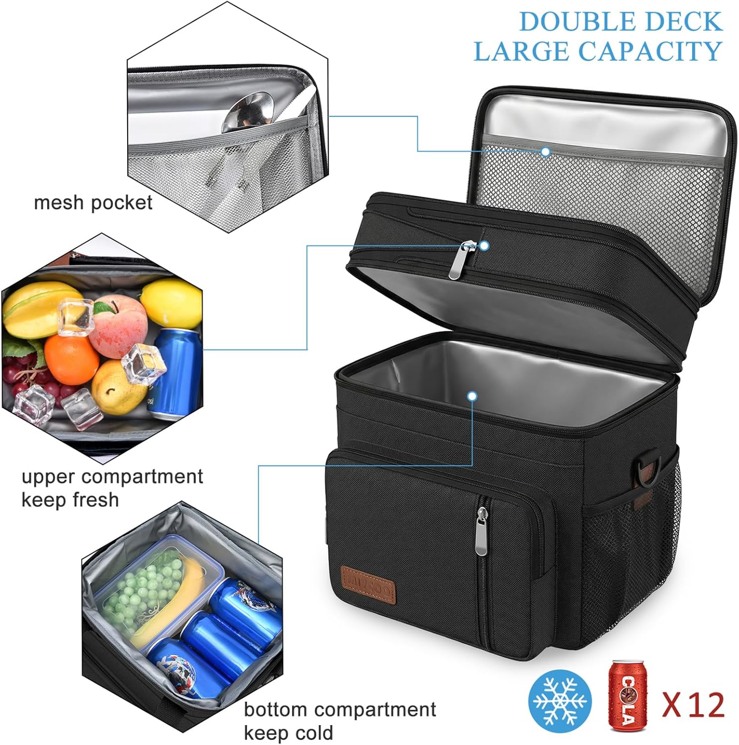 Detalle de MIYCOO Double-Deck Leakproof Insulated Lunch Bag & Lunch Box (15L) – Black