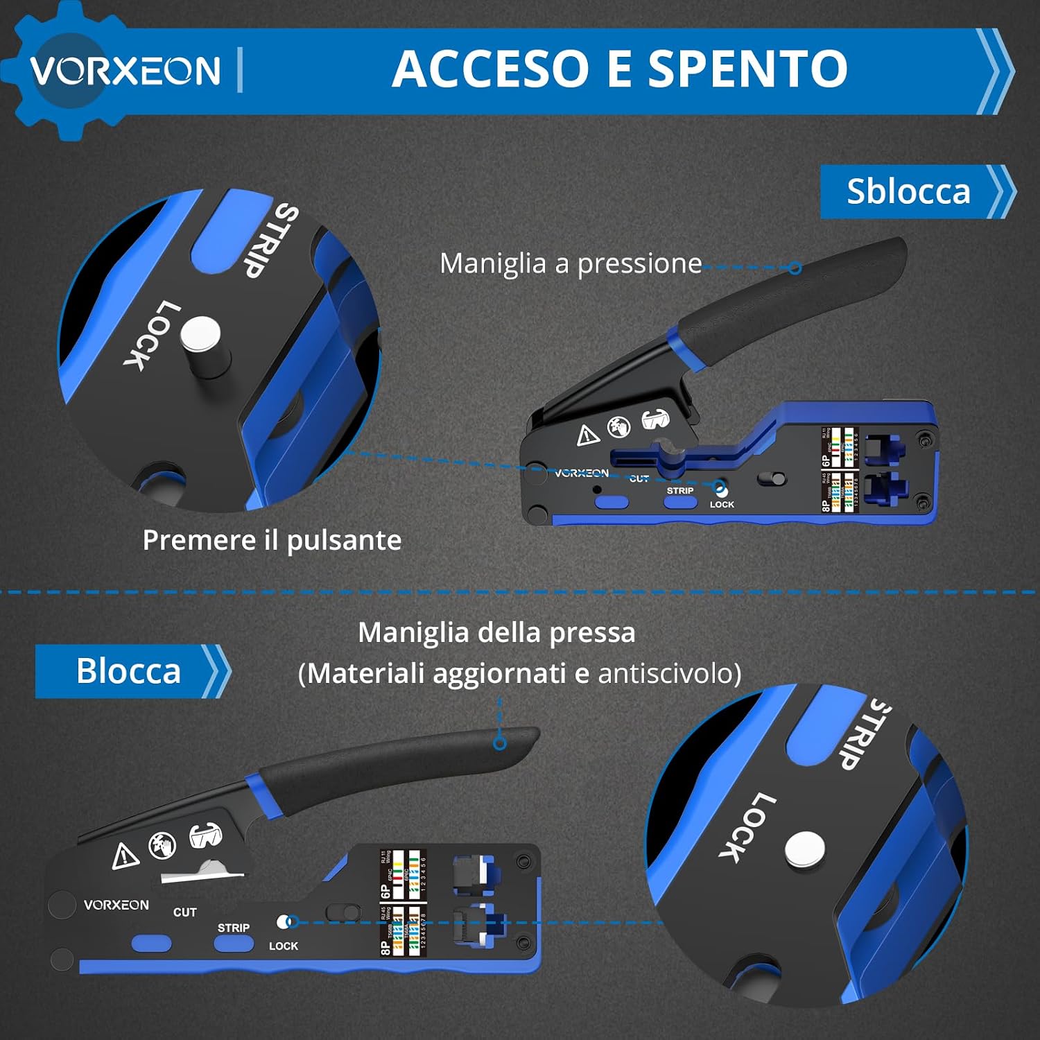 Thumbnail 2 de Pinza Crimpatrice RJ45 VORXEON per Cavi Ethernet Cat6 Cat5e: Kit completo 8P+6P, 50 Connettori RJ45 Cat6 e Accessori