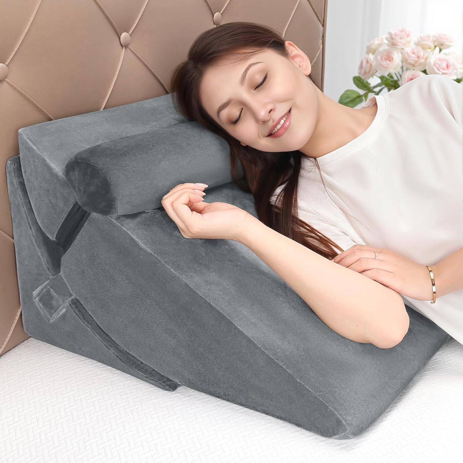 Detalle de WENRENER Bed Wedge Pillow for Sleeping: Adjustable 3-Piece Foam Wedge Set (Dark Gray)