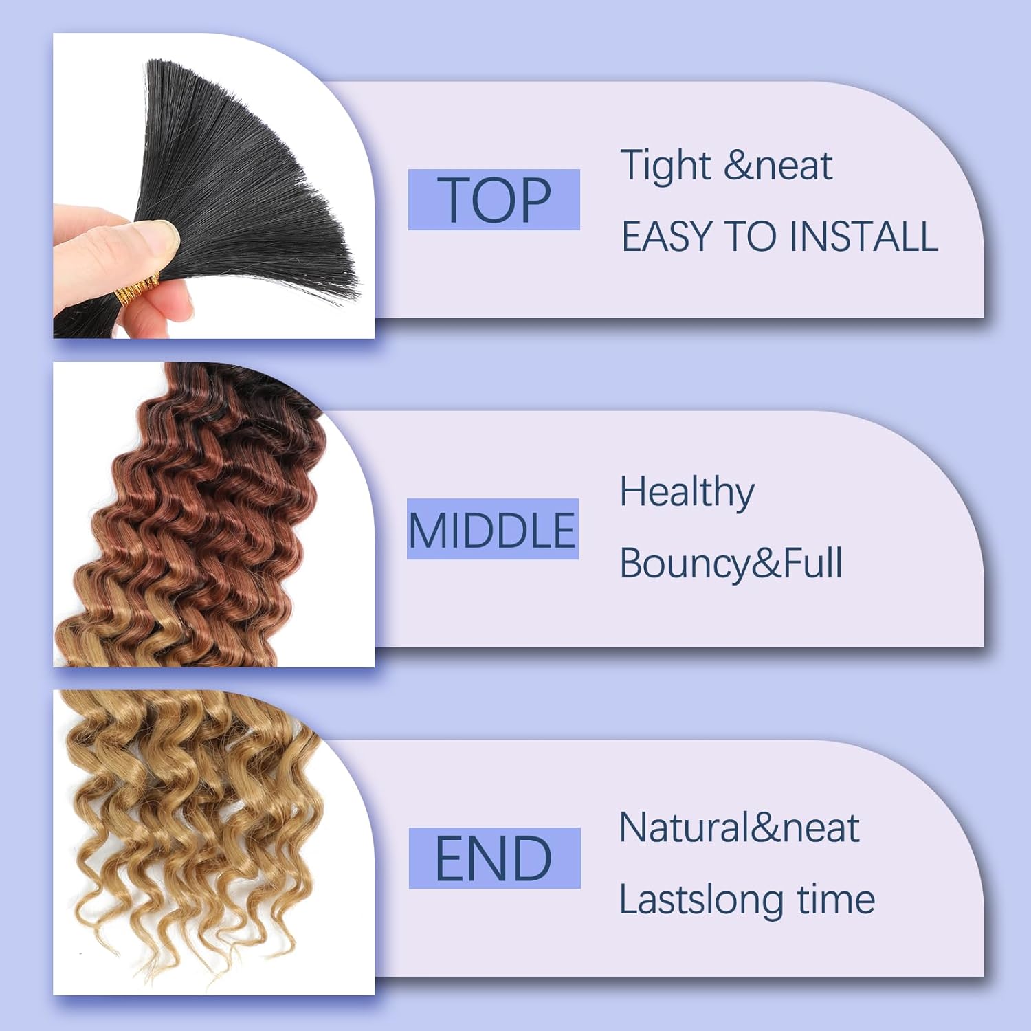 Detalle de BLTYXT Deep Wave Bulk Hair 18 Inch – 6 Bundles synthetische Crochet- Braids T1B-30-27