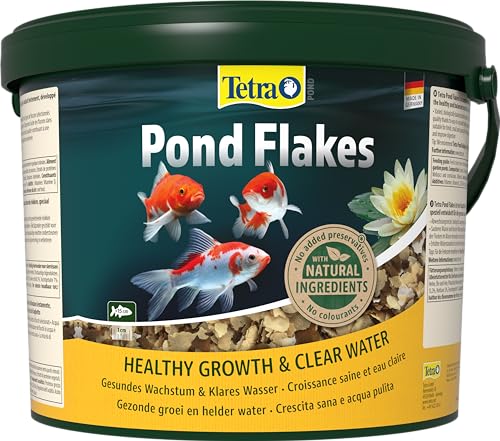 Detalle de Tetra Pond Flakes: alimento en escamas para peces pequeños y jóvenes en estanque (cubo 10 L)