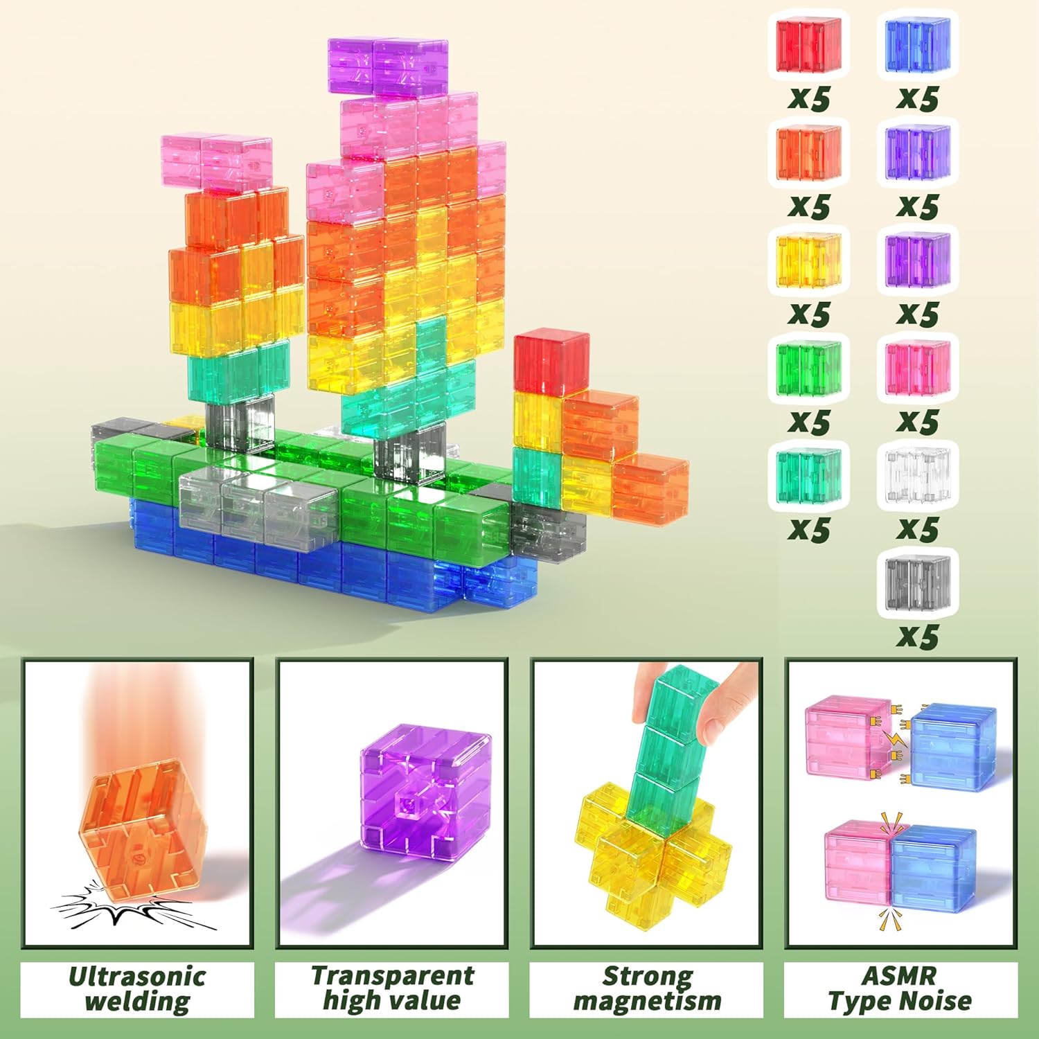 Detalle de Apluses 64-teiliges Magnet-Baustein-Set (transparente Style) für Kinder ab 3 Jahren