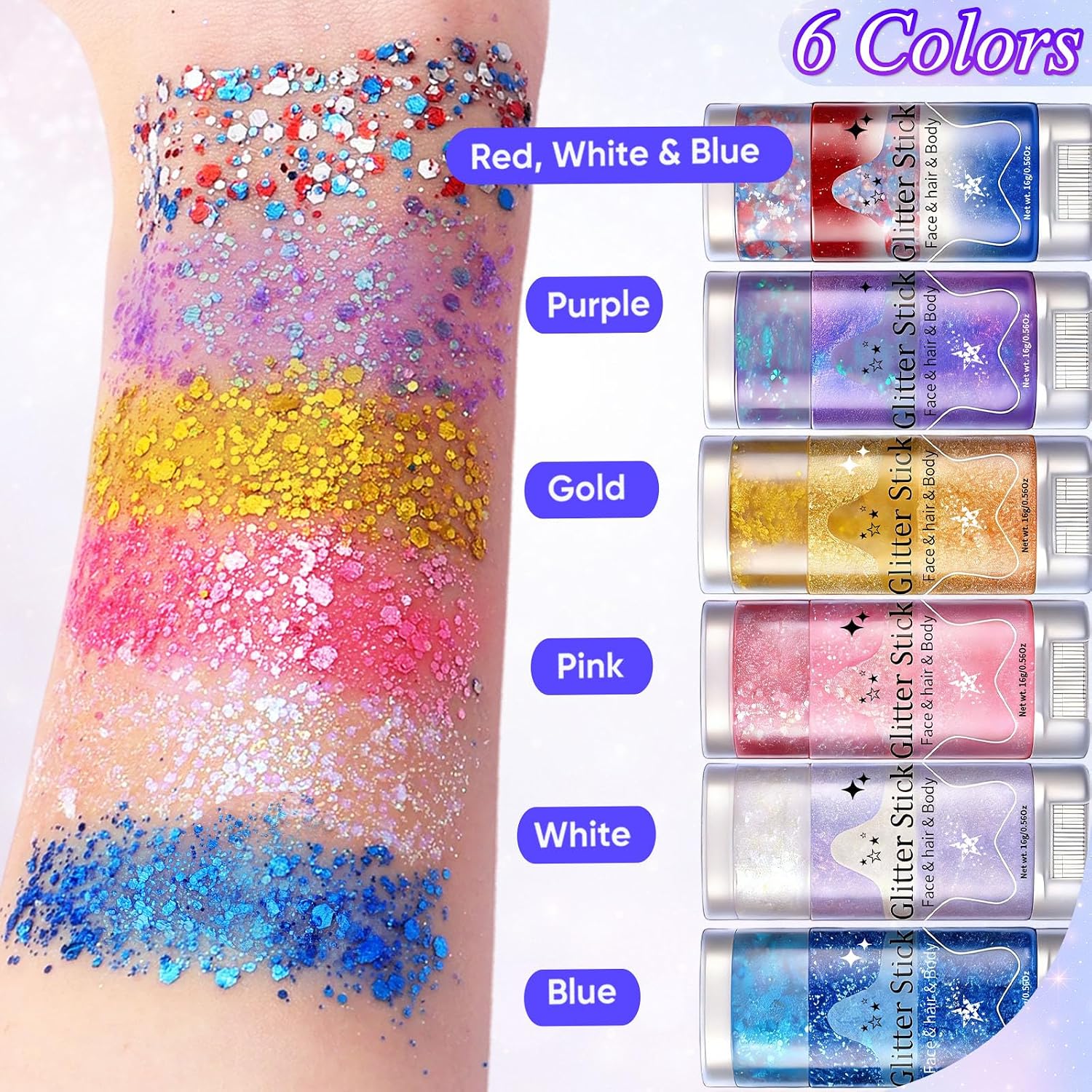 Thumbnail 1 de AROIC Body Glitter Sticks, 6-Pack Twist-Up Face, Body, and Hair Glitter