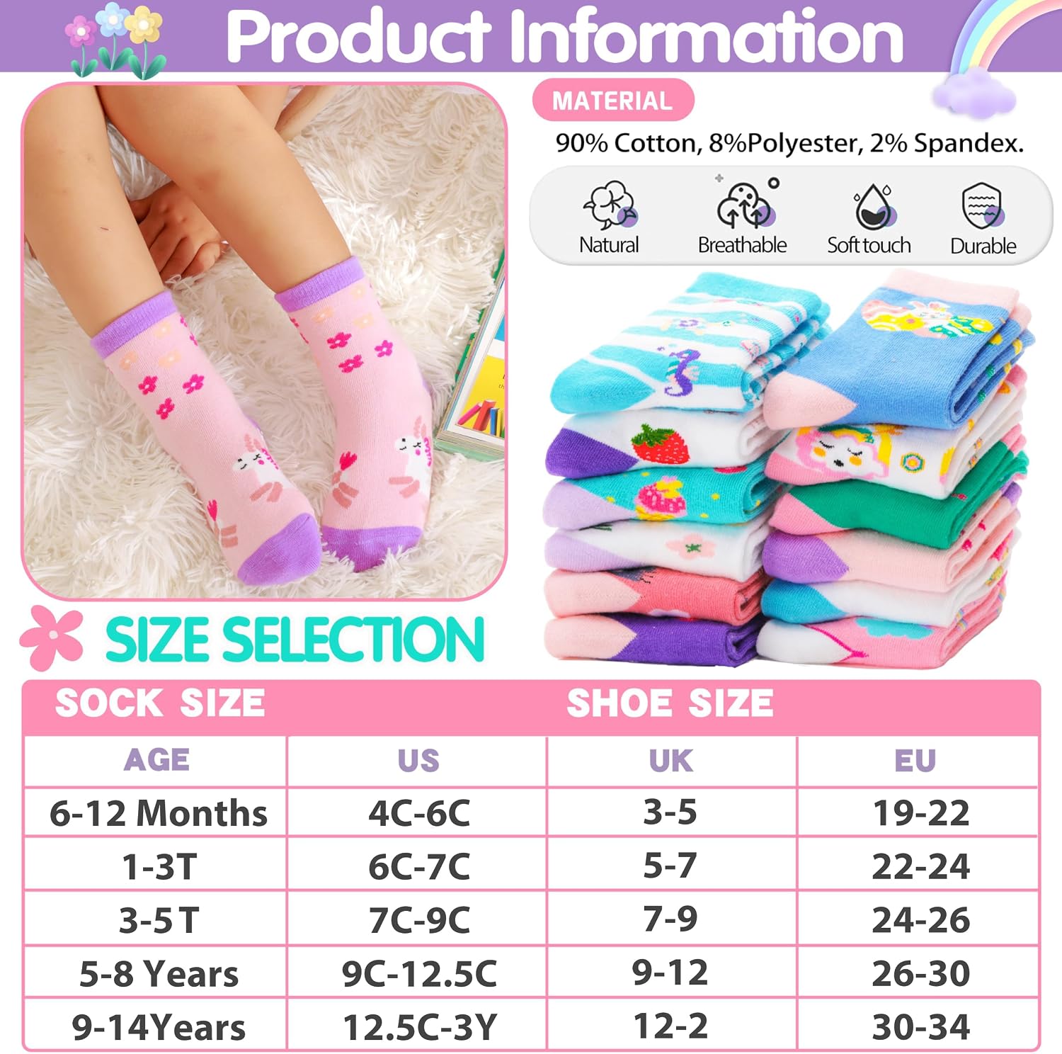 Thumbnail 4 de Welwoos 12 Pairs Baby Girls Non‑Slip Socks