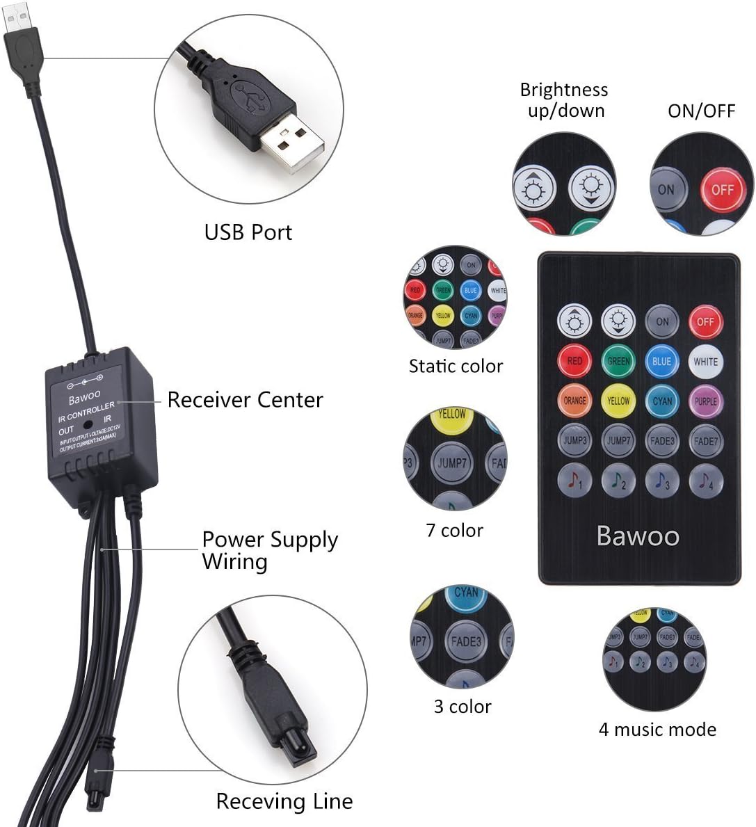 Thumbnail 2 de Bawoo 4-in-1 Car Interior LED Atmosphere Light Strip Set with Remote Control (USB-powered)