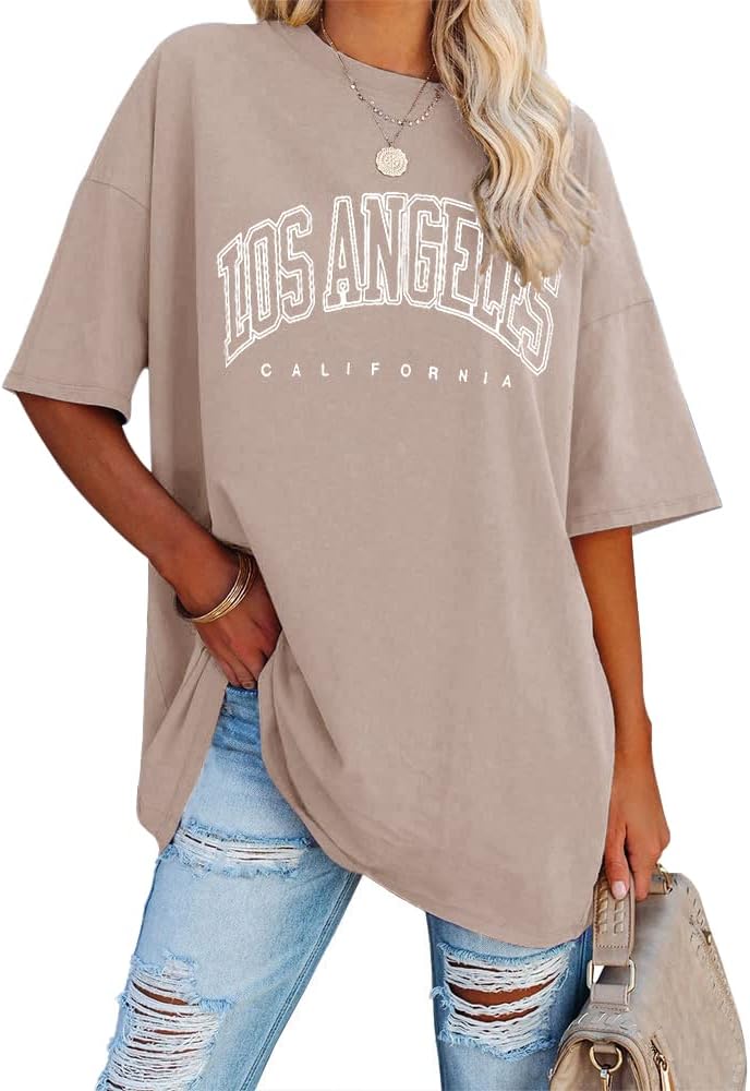 Detalle de Ebifin Oversize Damen Vintage T-Shirt – Los Angeles Stil, Kurzarm, Rundhals