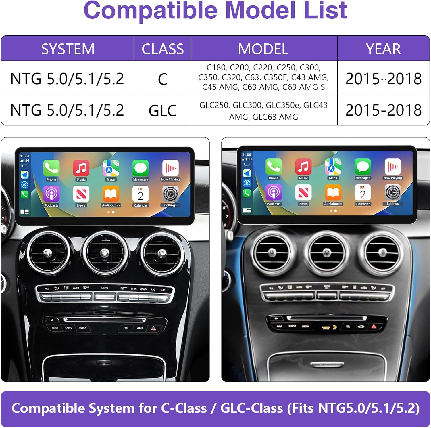 Thumbnail 1 de NINETOM 2026 Upgraded 12.3" Ultra-Narrow Touchscreen CarPlay/Android Auto Receiver for Mercedes-Benz NTG 5.0/5.1/5.2 (W205 2015–2018)