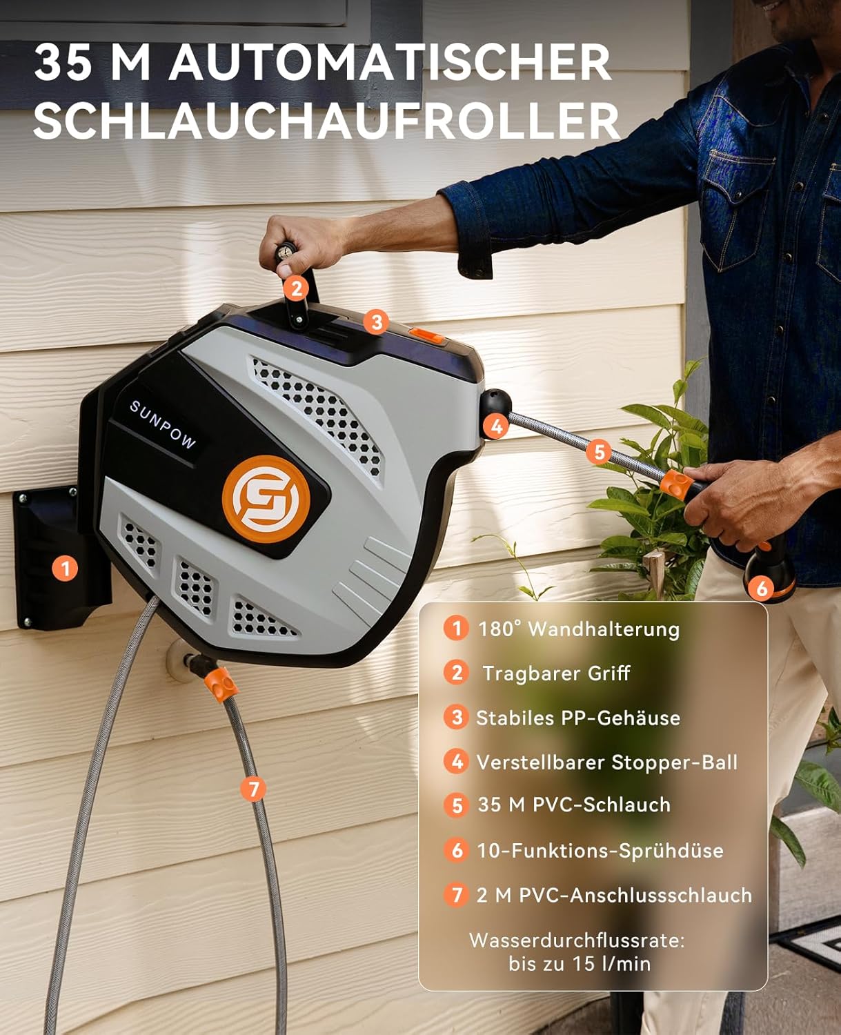 Thumbnail 2 de SUNPOW Wand-Schlauchbox RollUp 35 m – Schlauchtrommel mit 10-fach Sprühdüse, 180° schwenkbar & Auto-Rewind