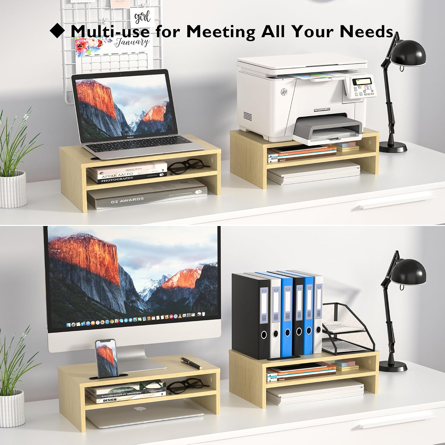 Thumbnail 6 de BONTEC Wood Monitor Stand Riser (2-Tier) – Desk Monitor Stand with Smartphone Holder, Oak