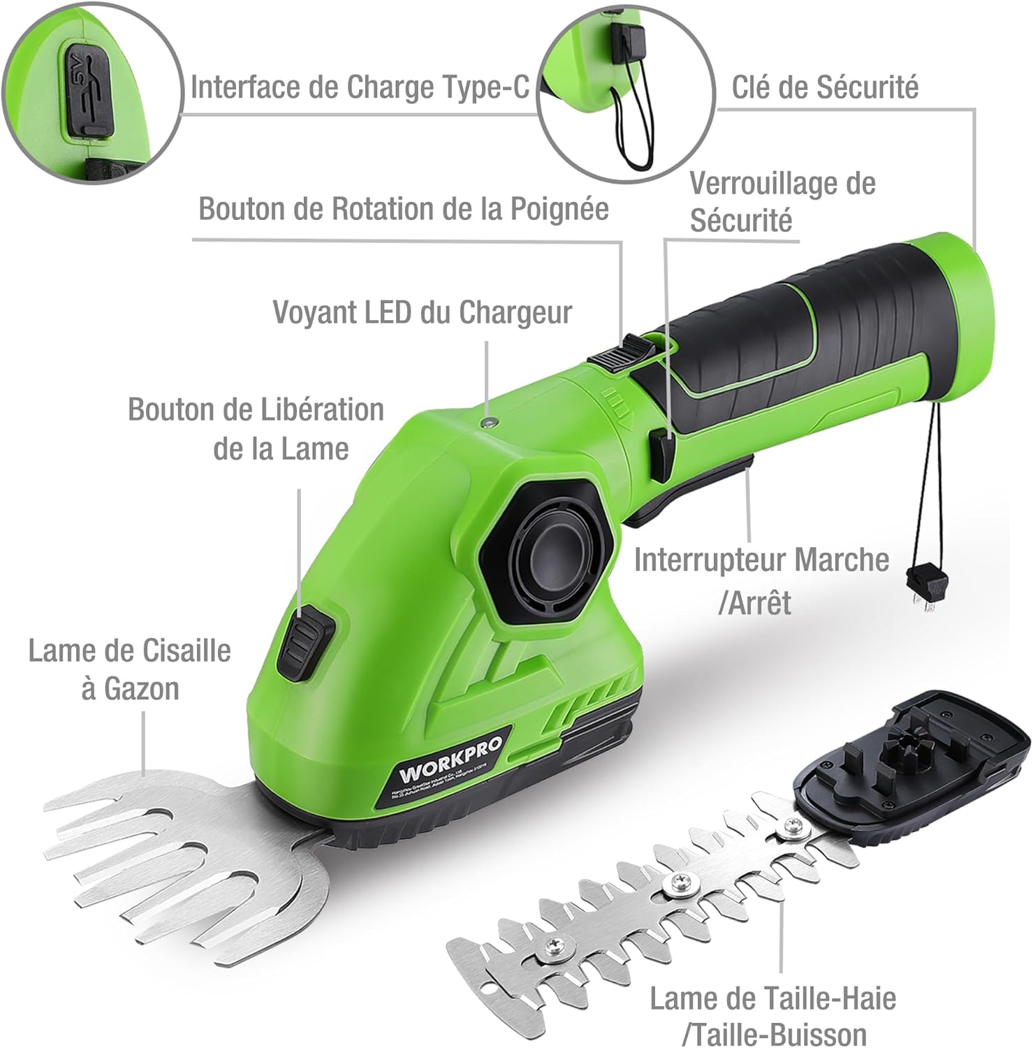 Detalle de WORKPRO Cisaille Sculpte-Haie et Taille-Herbes sans Fil 7,2 V – 2 en 1, 97 mm/140 mm