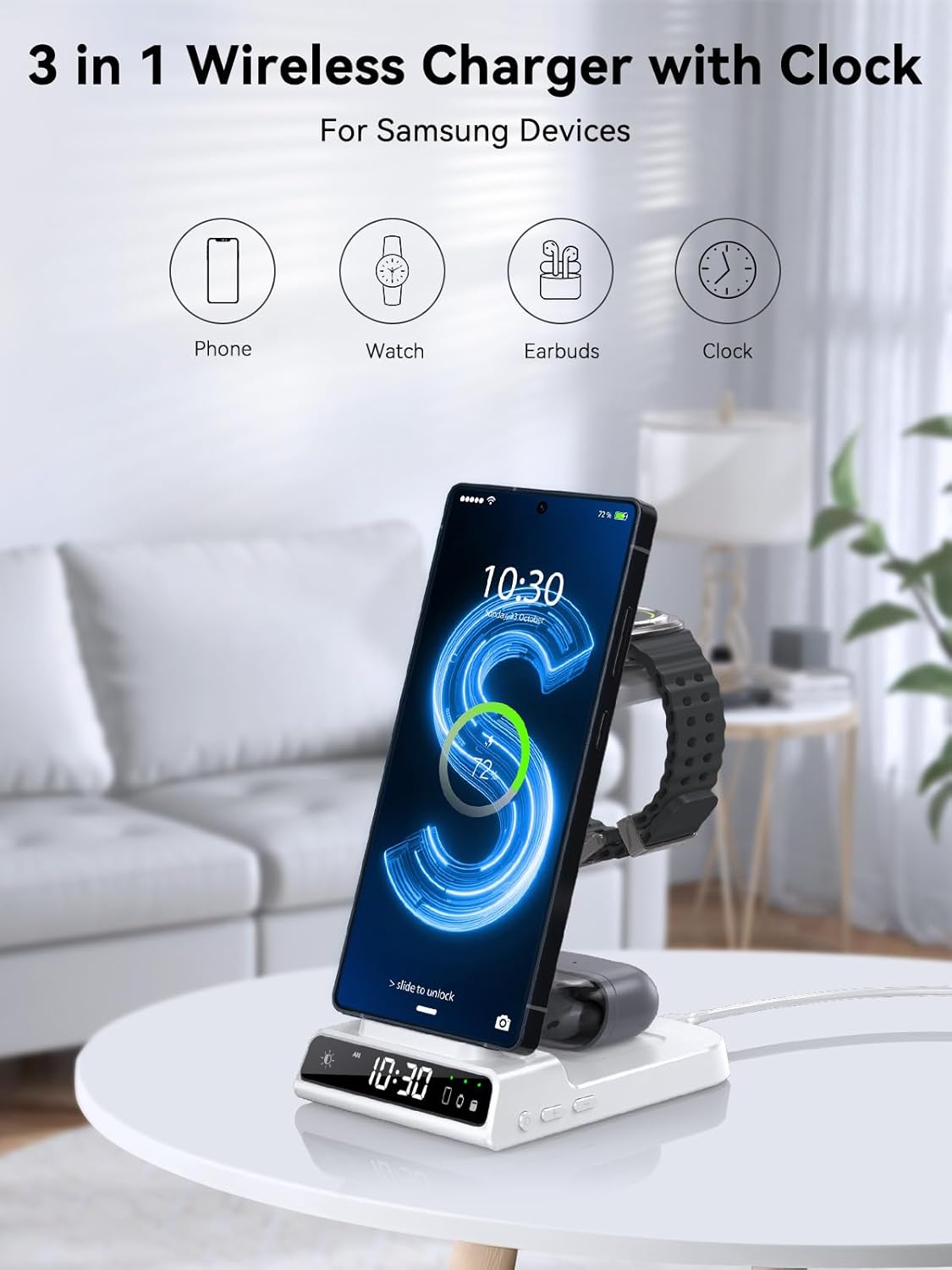 Thumbnail 1 de Chargeur Induction Fil pour Samsung Galaxy S24 Ultra et Galaxy Watch 8/7 – 3 en 1 avec horloge numérique