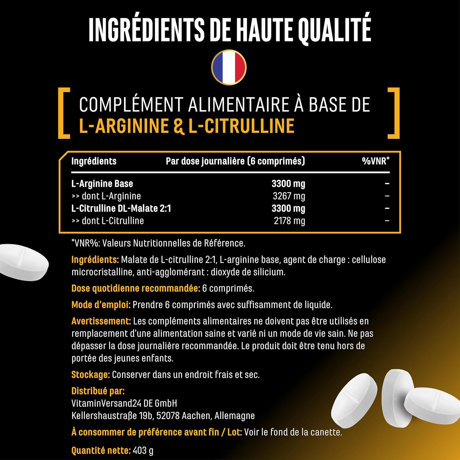 Thumbnail 4 de L-Arginine + L-Citrulline Ultra comprimés – 300 comprimés vegan, 1100 mg par dose