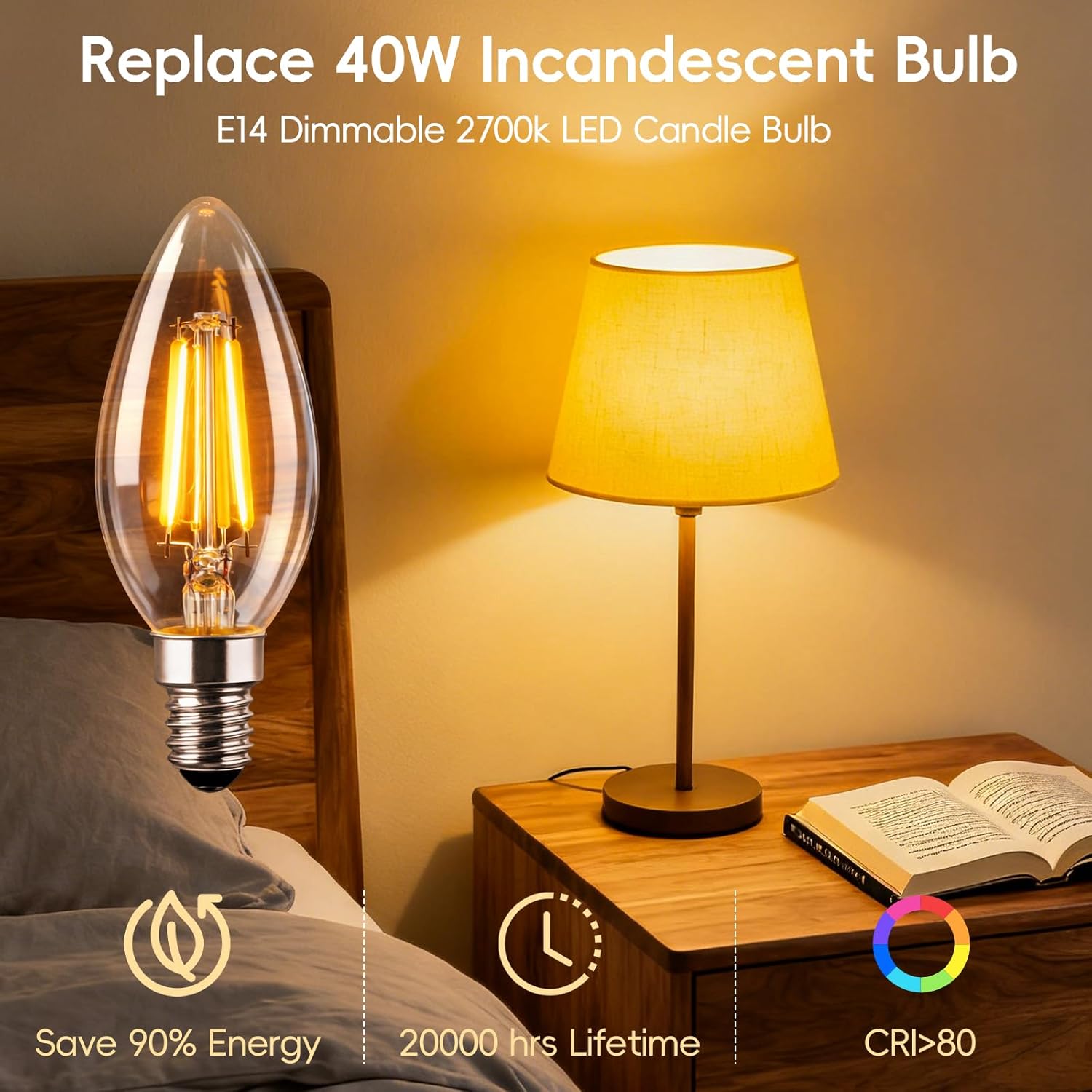 Thumbnail 1 de Levidon E14 LED Candle Bulbs Dimmable, 4W (40W Equivalent) – Pack of 6