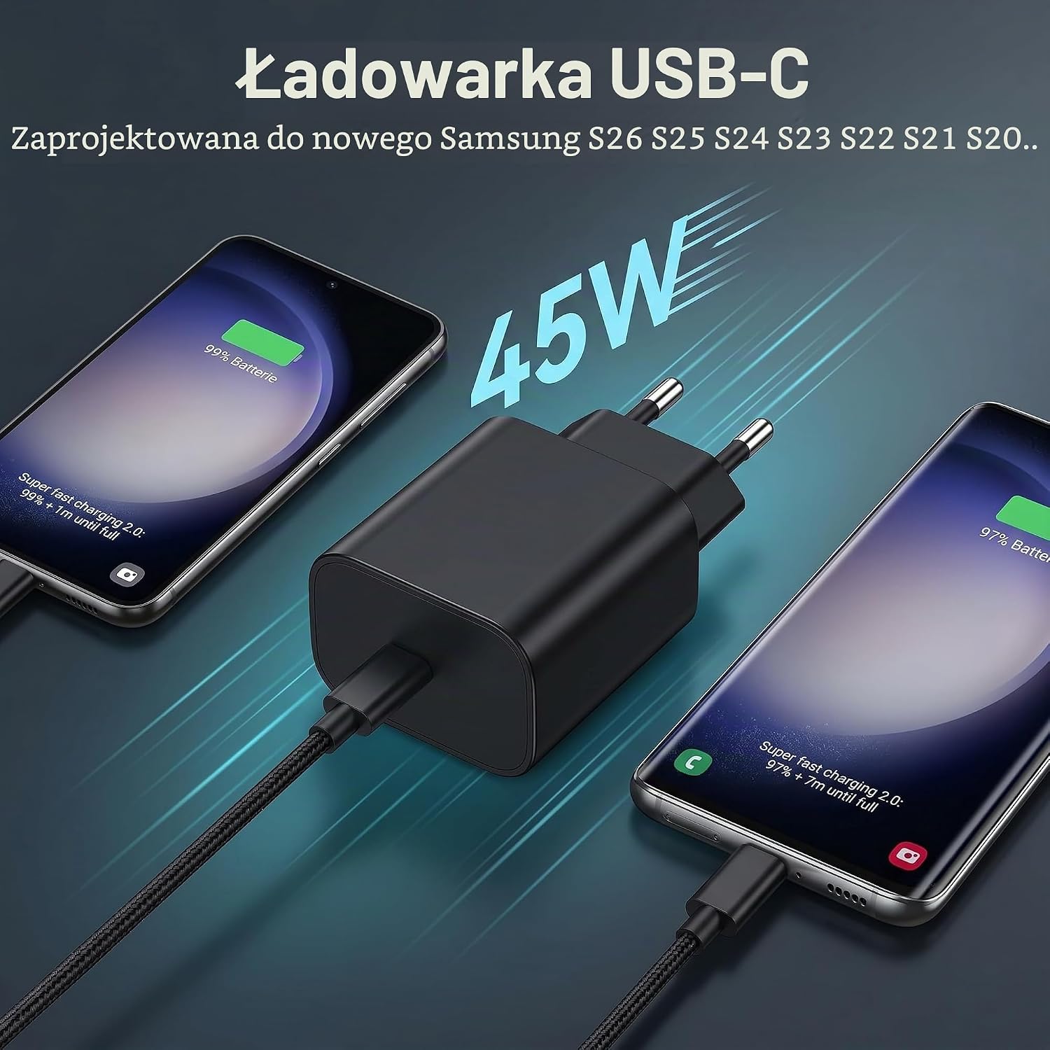 Detalle 2 de Bamkey ładowarka USB-C 45 W, 2 sztuki z kablami nylonowymi 2 m