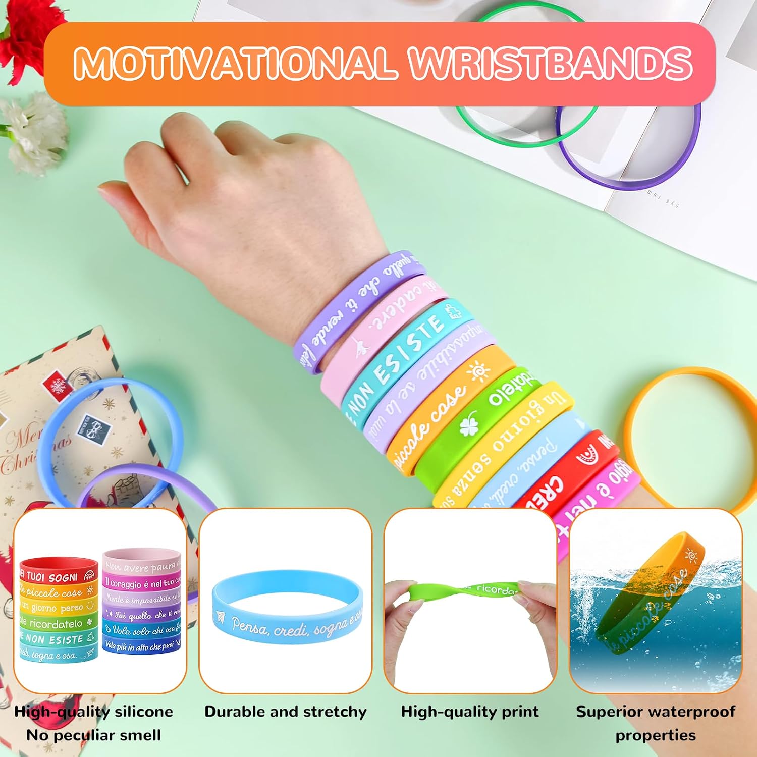 Detalle de Confezione da 24 braccialetti bambini in silicone con frasi motivazionali e amicizia (Tccydm 24)
