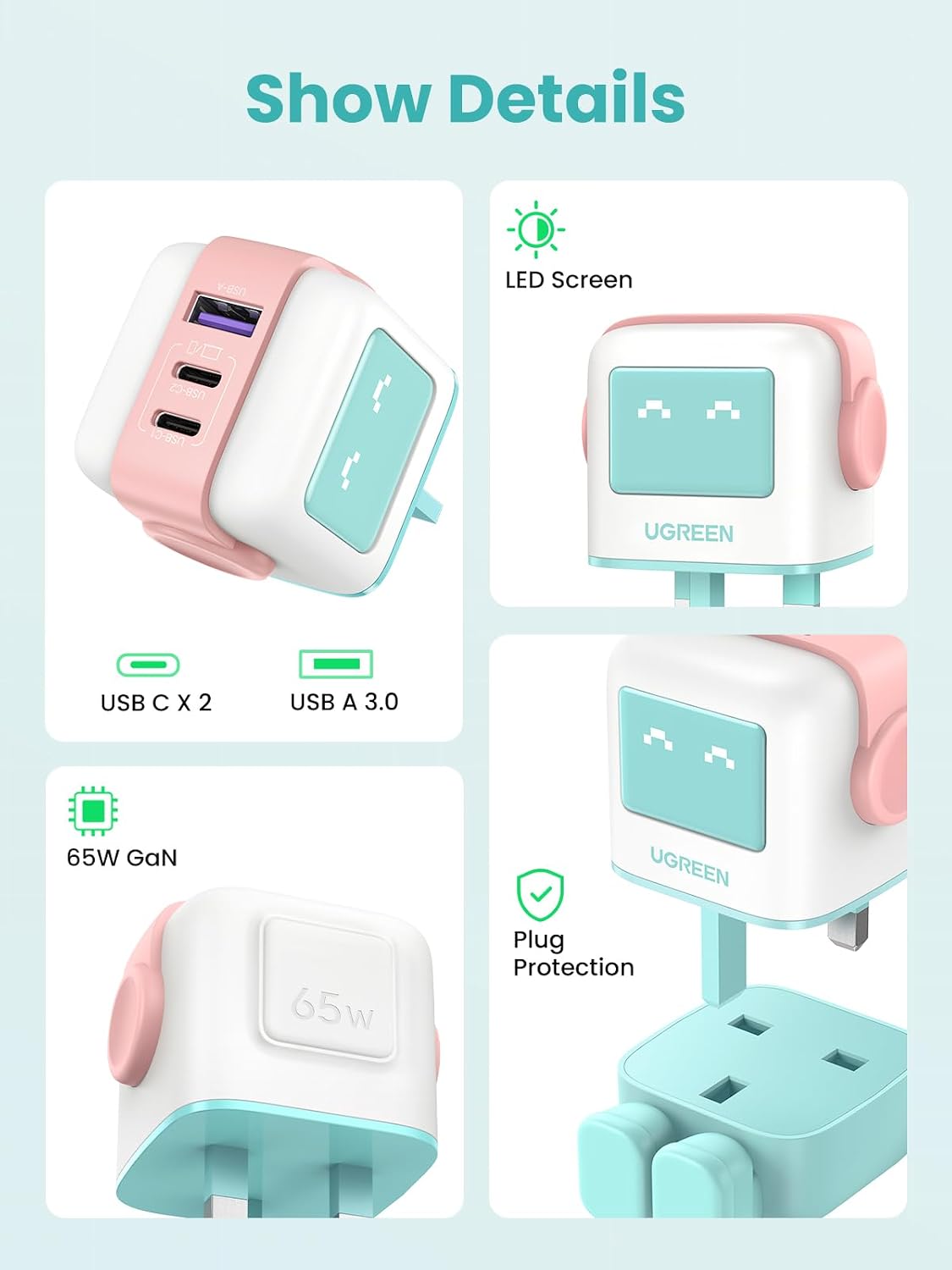 Detalle de UGREEN Uno Charger 65W USB-C GaN Nexode 3-Port (Blue) — 65W fast charger with charge-status display