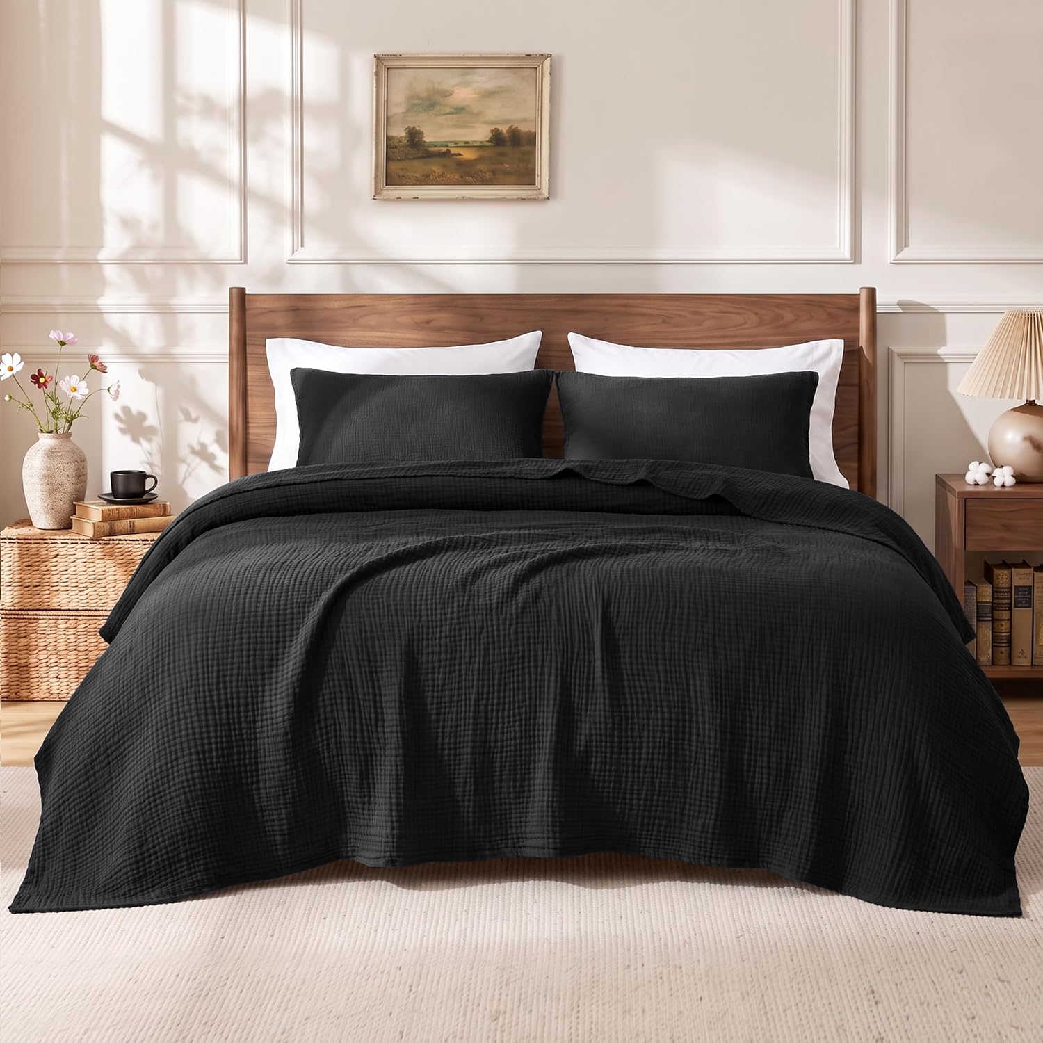 Thumbnail 4 de Love's Cabin 100% Cotton Muslin Blanket — 6-Layer Lightweight King Size (108 x 90 Inches) in Black