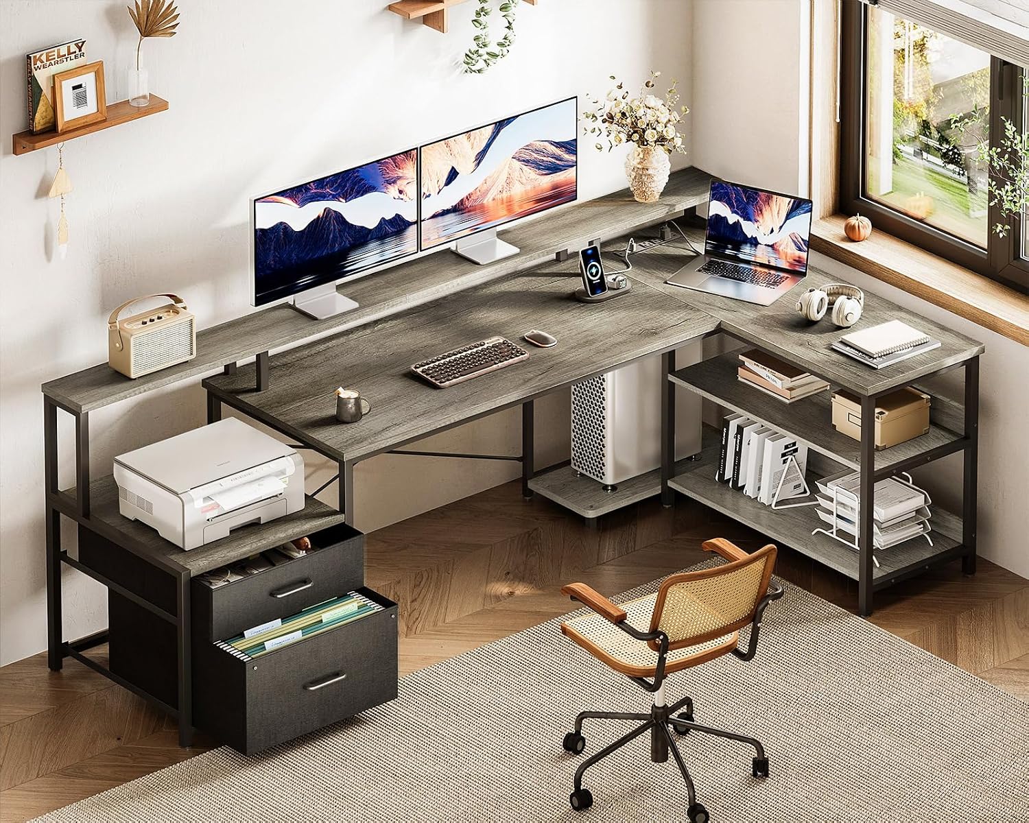Detalle de ODK B02021001006USAN0419ASLF0HI 75-Inch Reversible L-Shaped Desk, Grey Oak