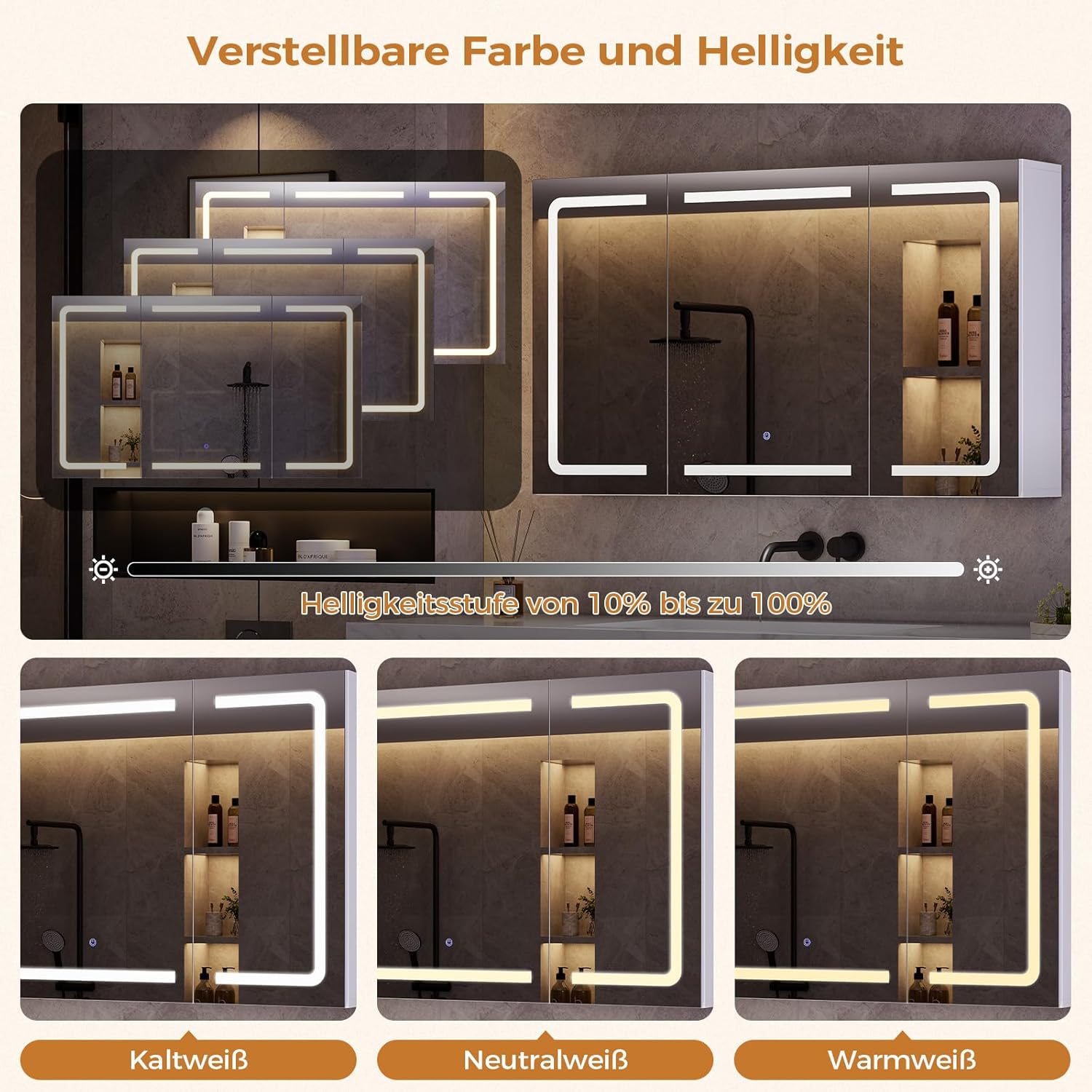 Thumbnail 2 de mojiasion Spiegelschrank Bad 100 cm breit mit LED-Beleuchtung, Steckdose & 3 Farbtemperaturen – Touch-Sensor, 60×100×16 cm