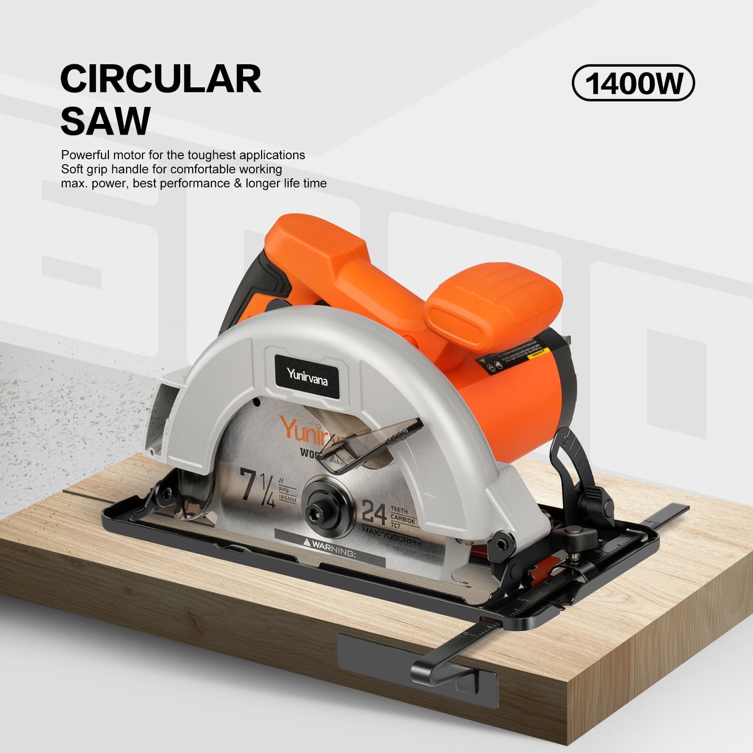 Detalle de Yunirvana 1400W High-Speed Circular Saw (6000 RPM) with 185mm Blade, Adjustable Depth & Angle