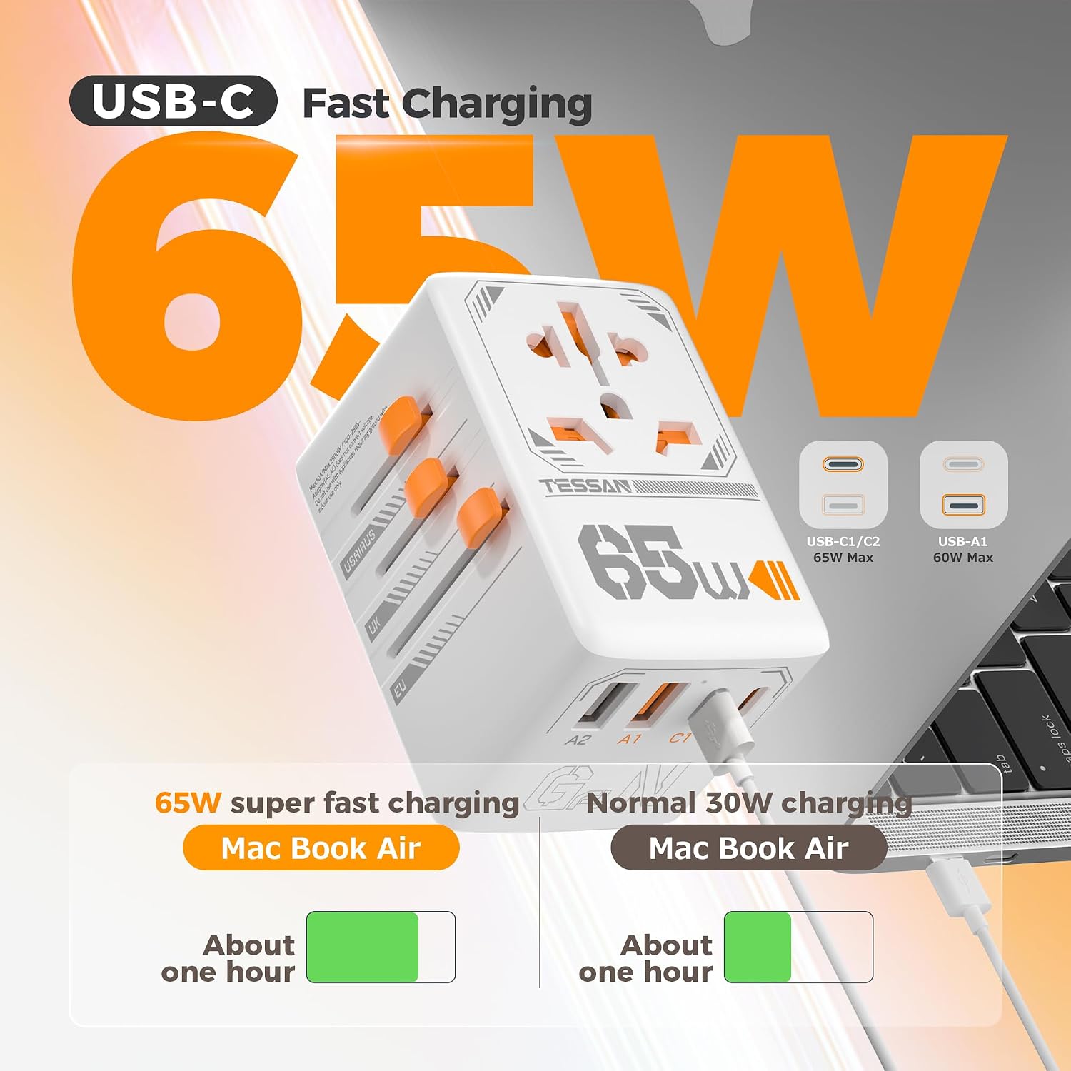 Detalle 2 de TESSAN Universal Travel Adapter 65W with USB-C ports 🔌